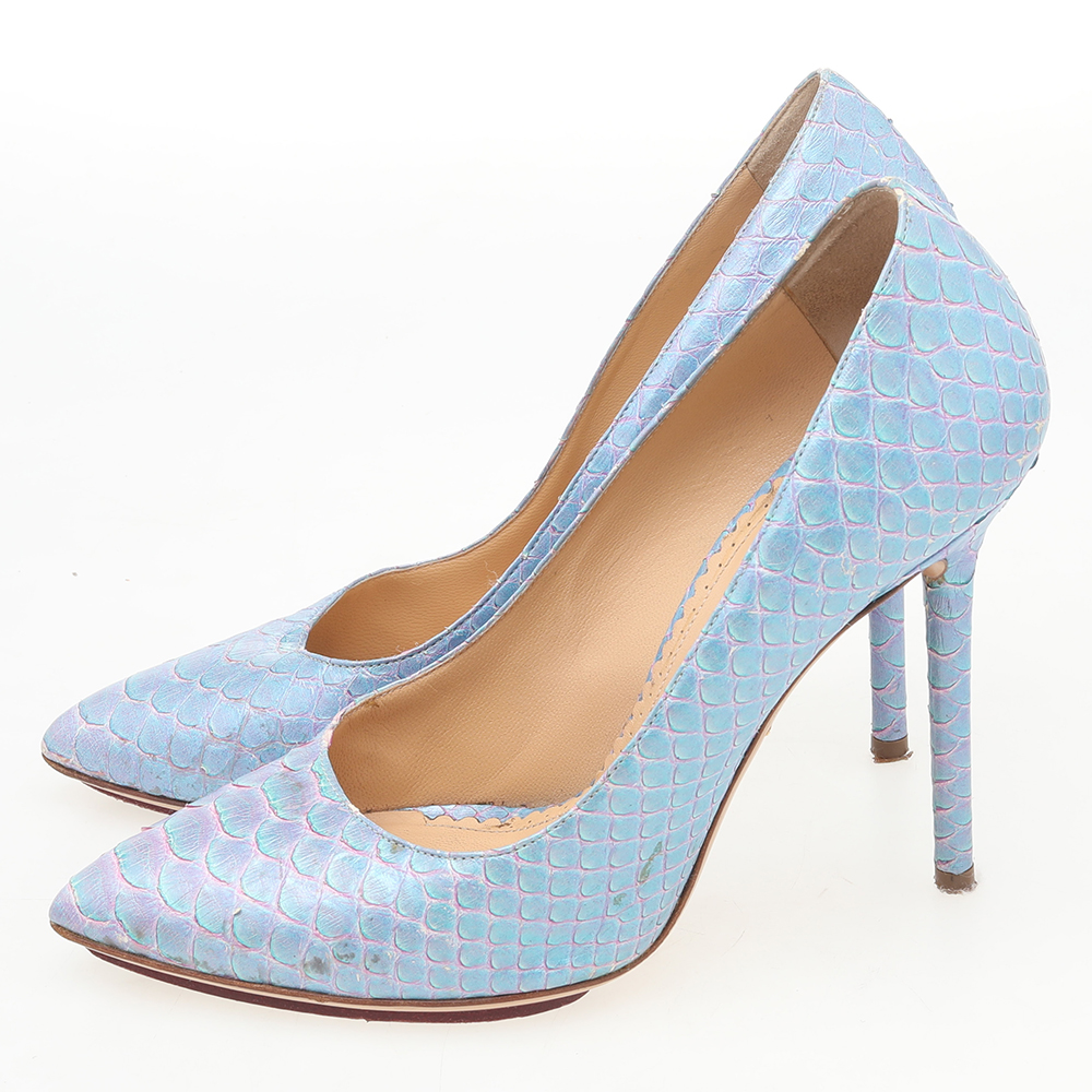 Charlotte Olympia Blue Python Leather Monroe Pointed Toe Pumps Size 35