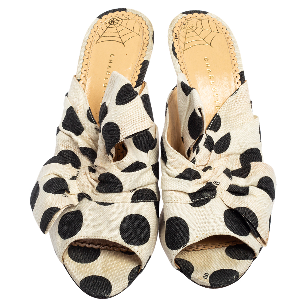 Charlotte Olympia White/Black Polka Canvas Bow Side Sandals Size 38