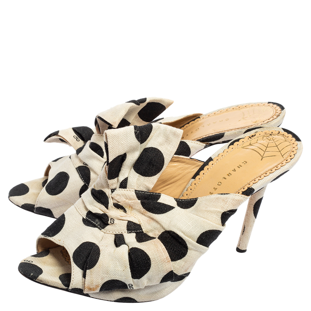 Charlotte Olympia White/Black Polka Canvas Bow Side Sandals Size 38