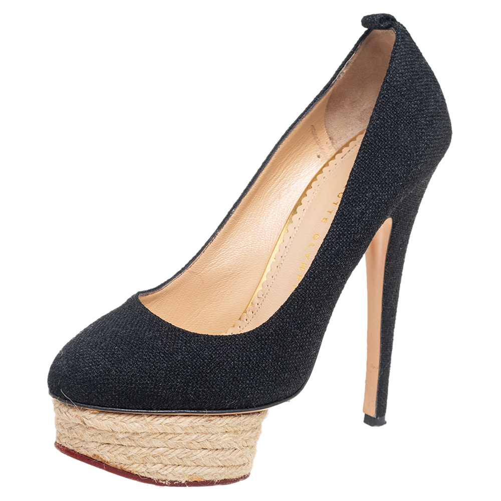 Charlotte olympia black canvas dolores espadrille platform ankle-strap pumps size 37