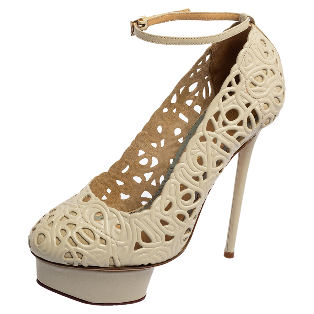 Charlotte Olympia Cream Cut Out Leather Scribble Dolores Pumps Size 36