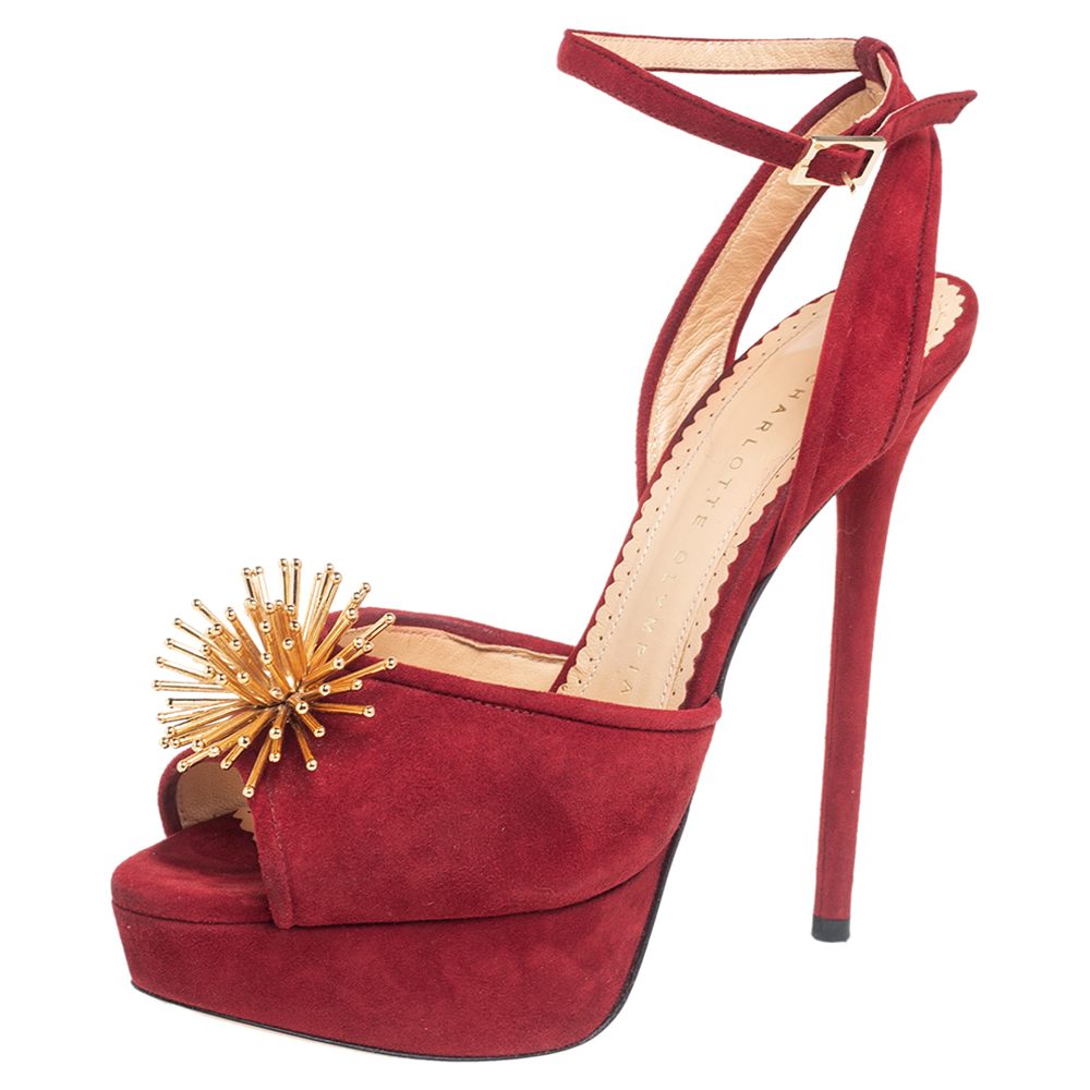 Charlotte olympia red suede orbital pomeline platform sandals size 36.5