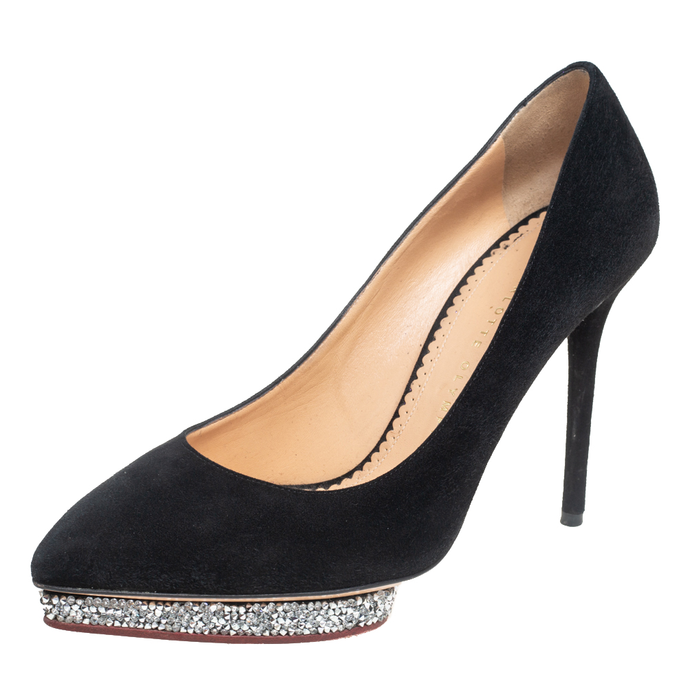 Charlotte olympia black suede debonaire pointed toe platform pumps size 38