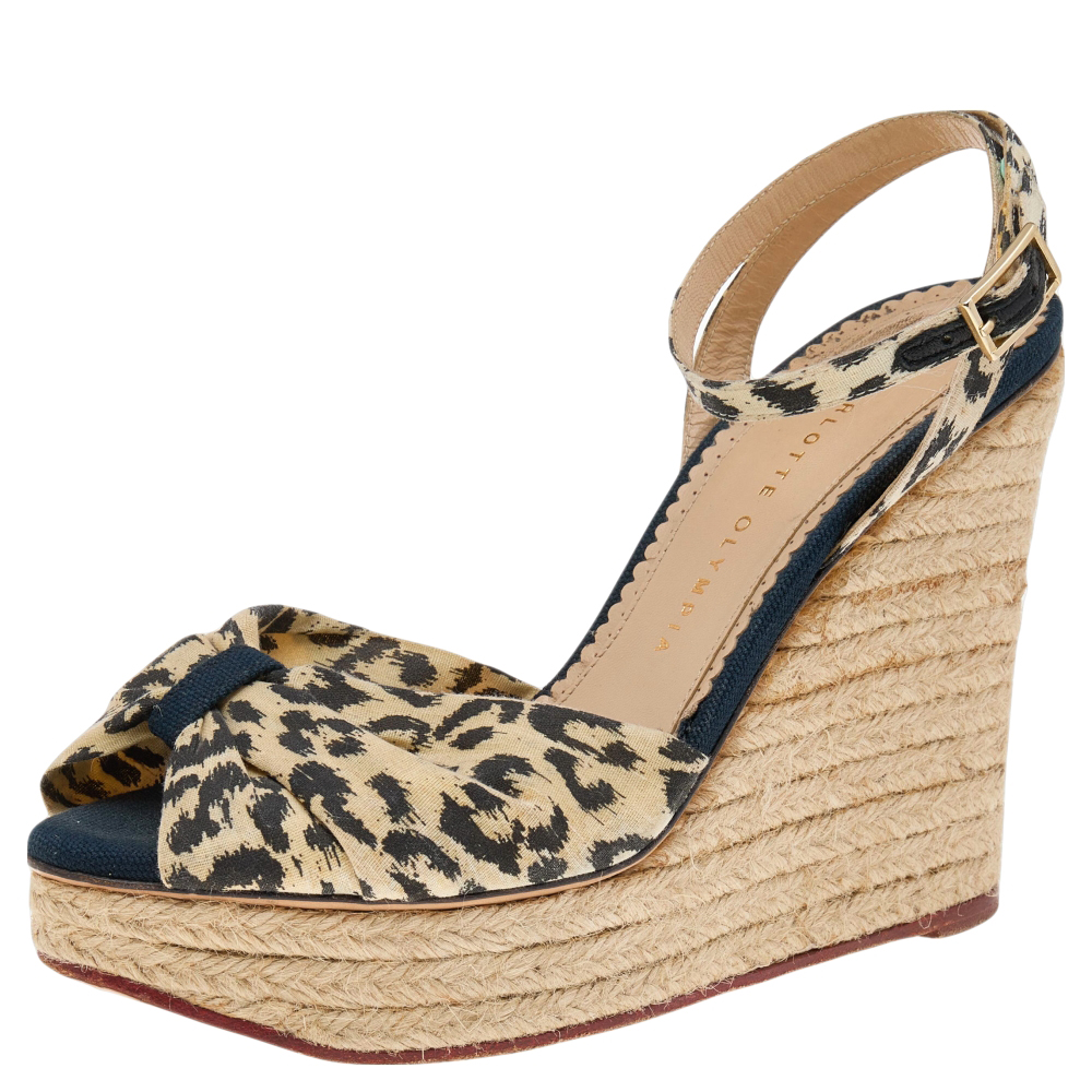 Charlotte Olympia Beige Fabric Wedge Espadrille Sandals Size 38
