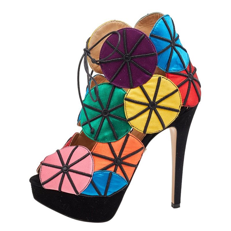 Charlotte Olympia Multicolor Satin Parasol Platform Sandals Size 36.5