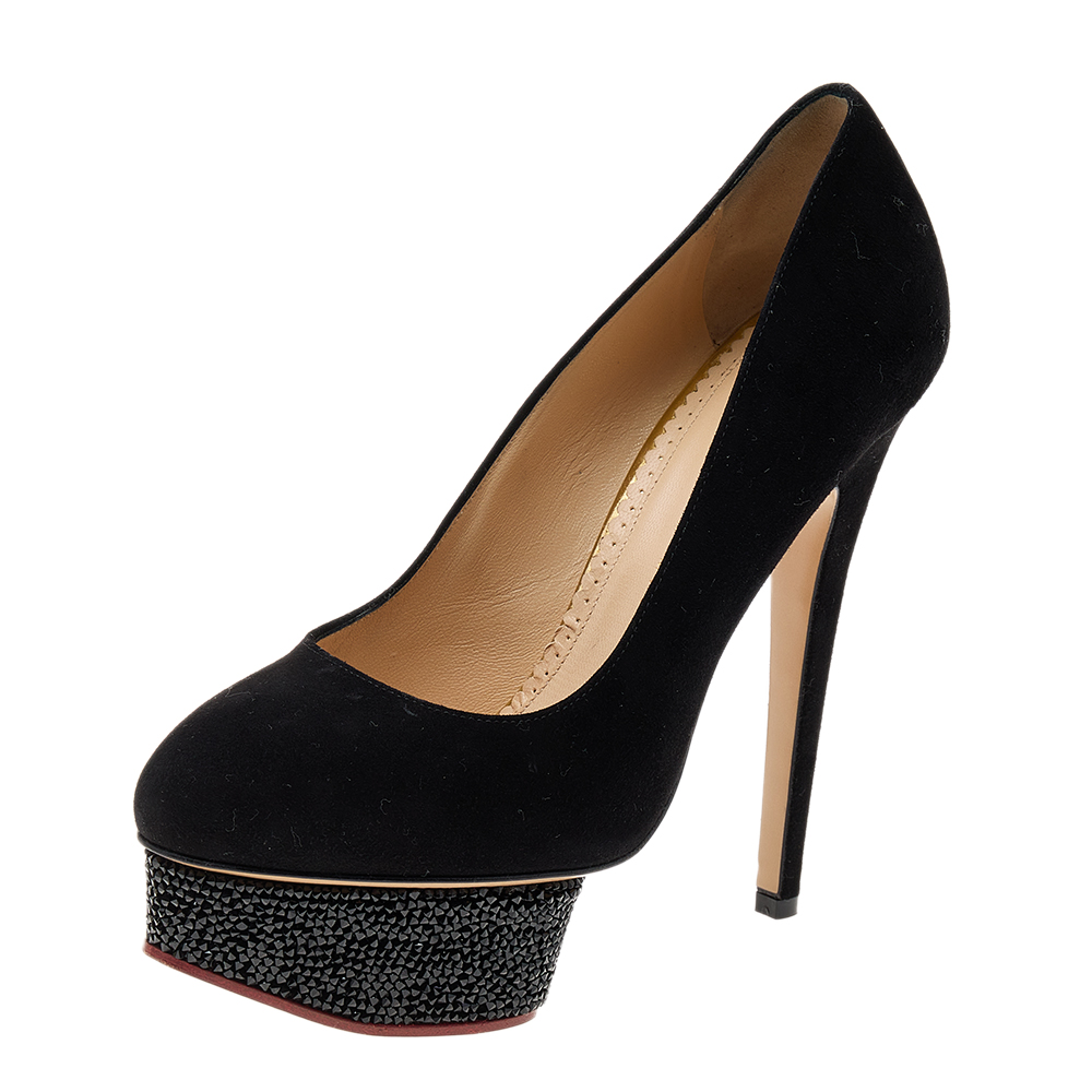 Charlotte olympia black suede crystal embellished dolly platform pumps size 38