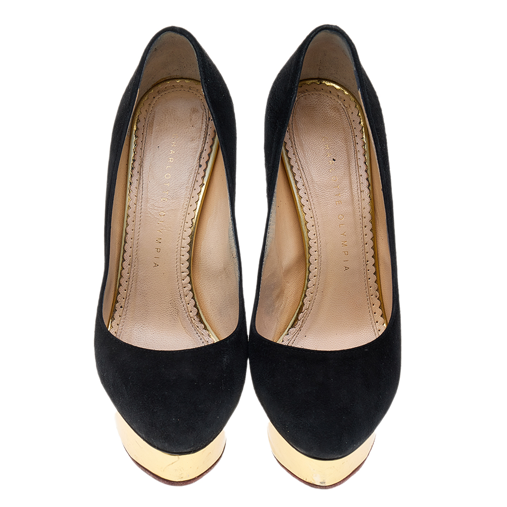 Charlotte Olympia Black Suede Dolly Platform Pumps Size 37.5