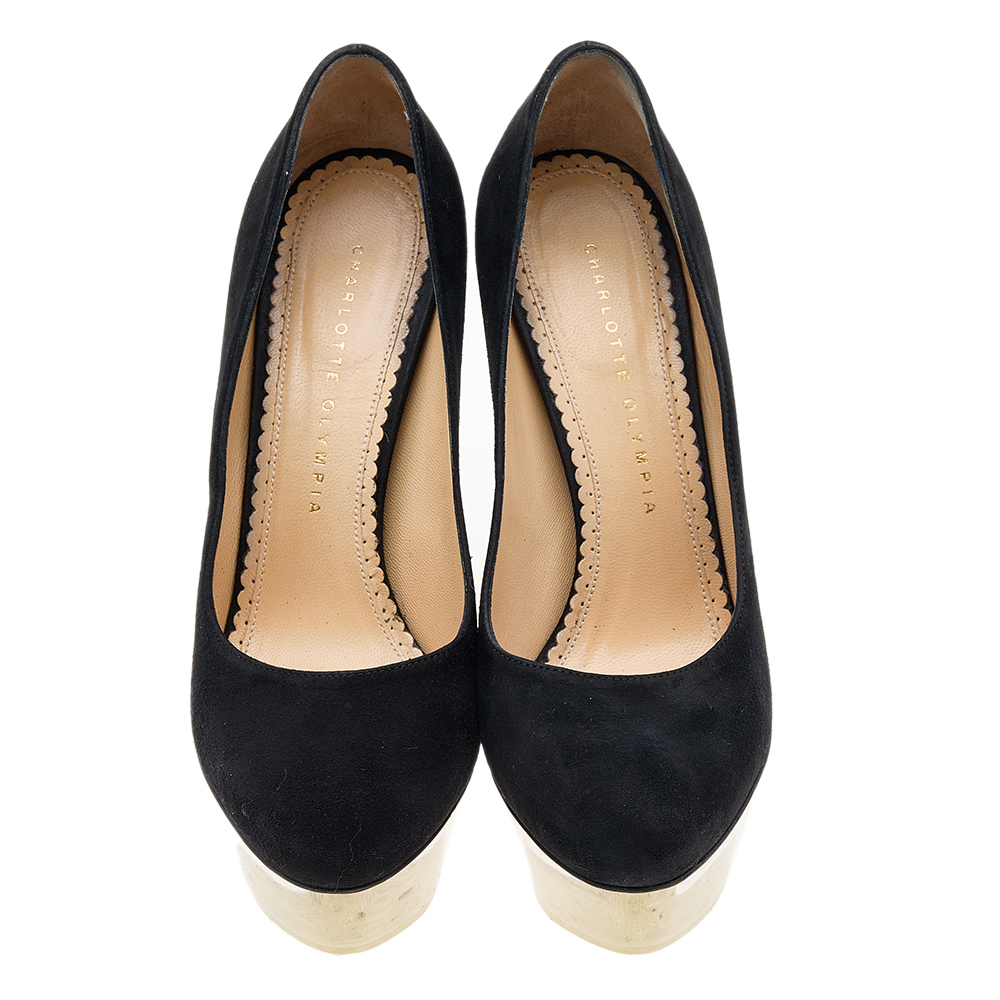 Charlotte Olympia Black Suede Dolly Platform Pumps Size 37.5