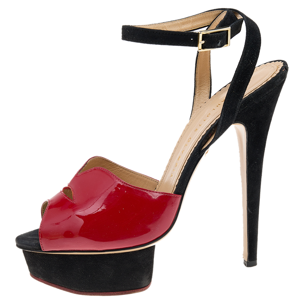 Charlotte Olympia Red Suede And Patent Leather Platform Sandals Size 39.5