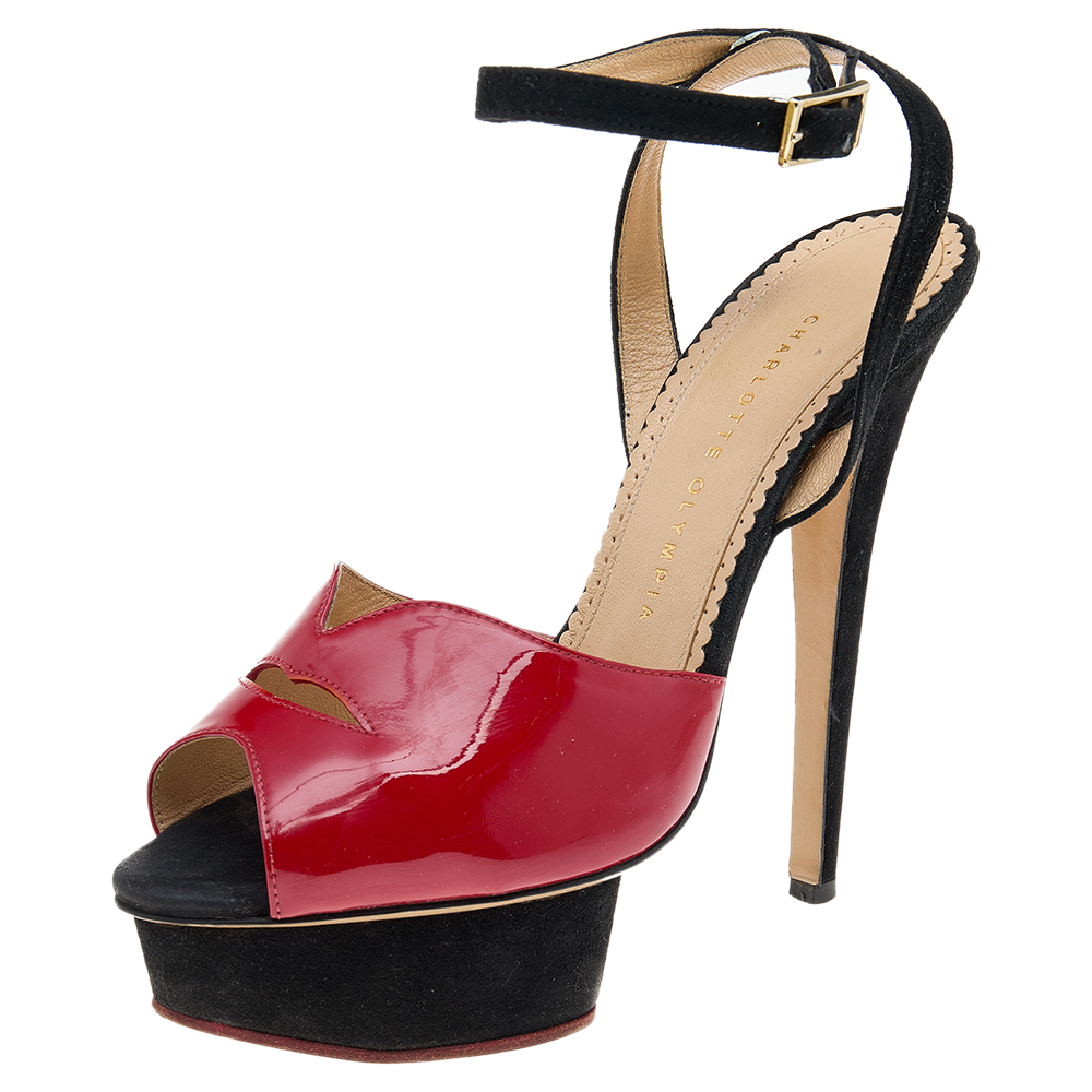 Charlotte Olympia Red Suede And Patent Leather Platform Sandals Size 39.5
