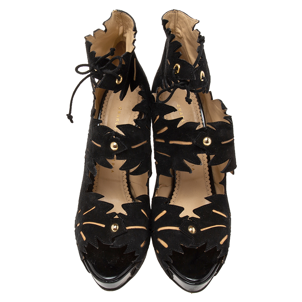 Charlotte Olympia Black Suede Eve Leaf Cutout Ankle Booties Size 39