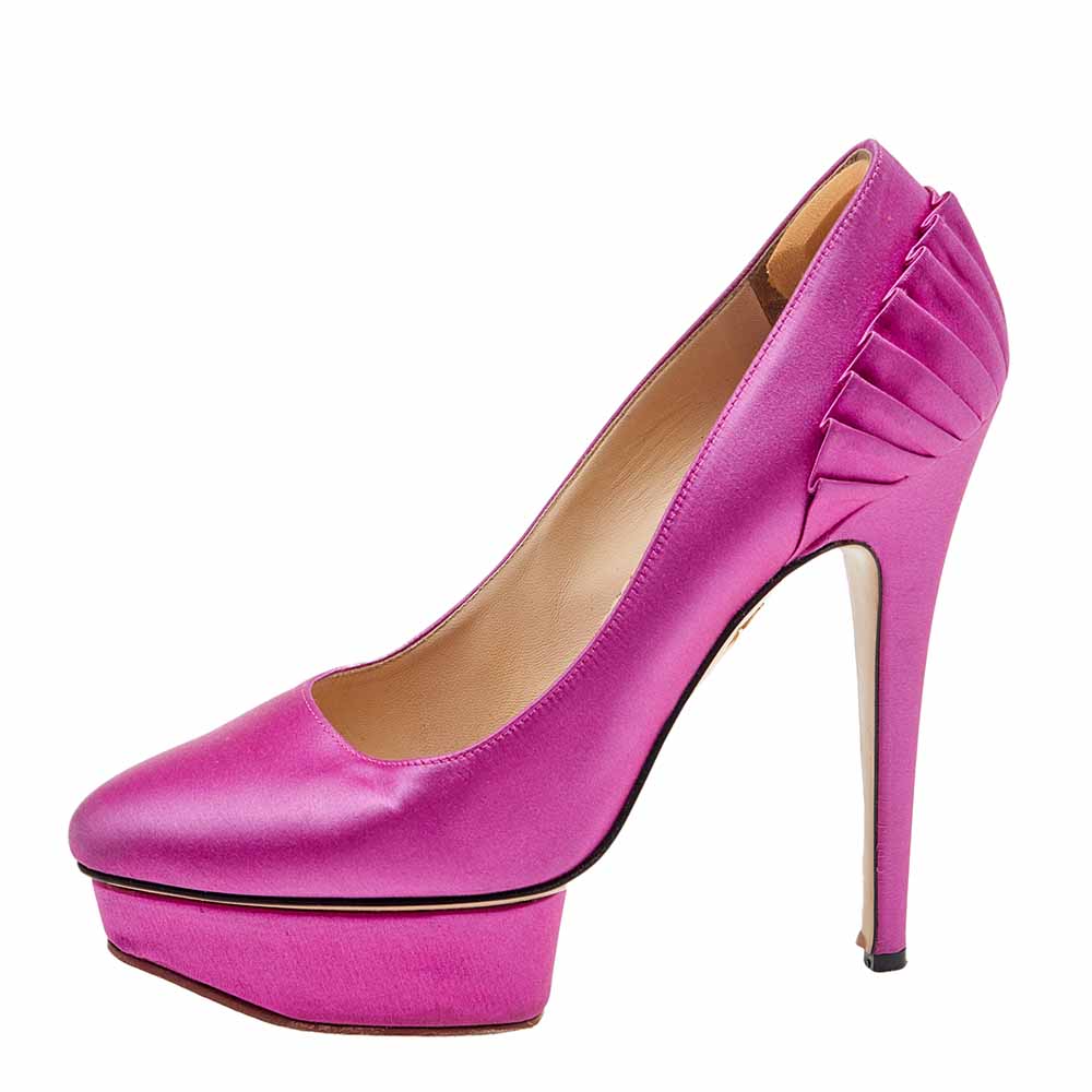 Charlotte Olympia Pink Satin Paloma Fan Pleat Platform Pumps Size 38.5