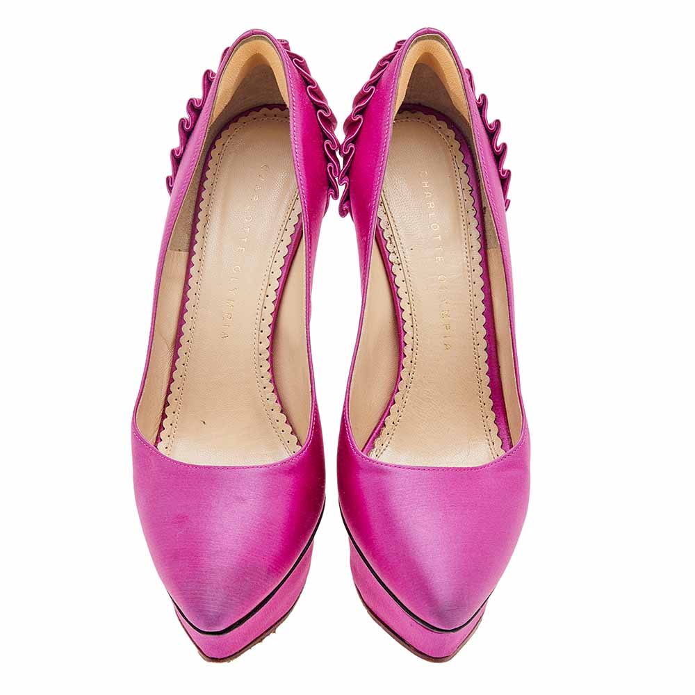 Charlotte Olympia Pink Satin Paloma Fan Pleat Platform Pumps Size 38.5