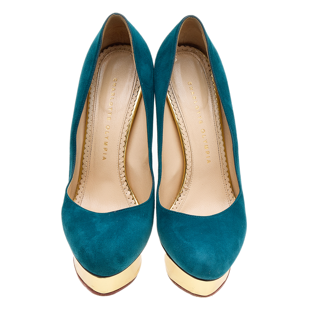 Charlotte Olympia Teal Blue Suede Dolly Platform Pumps Size 39