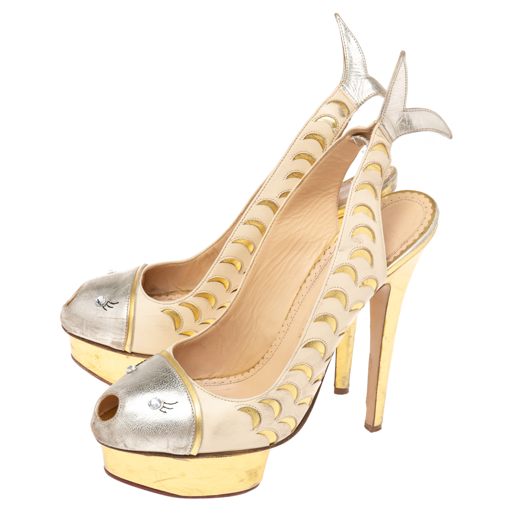 Charlotte Olympia Gold Leather Catch Of The Day Platform Slingback Pumps Size 39