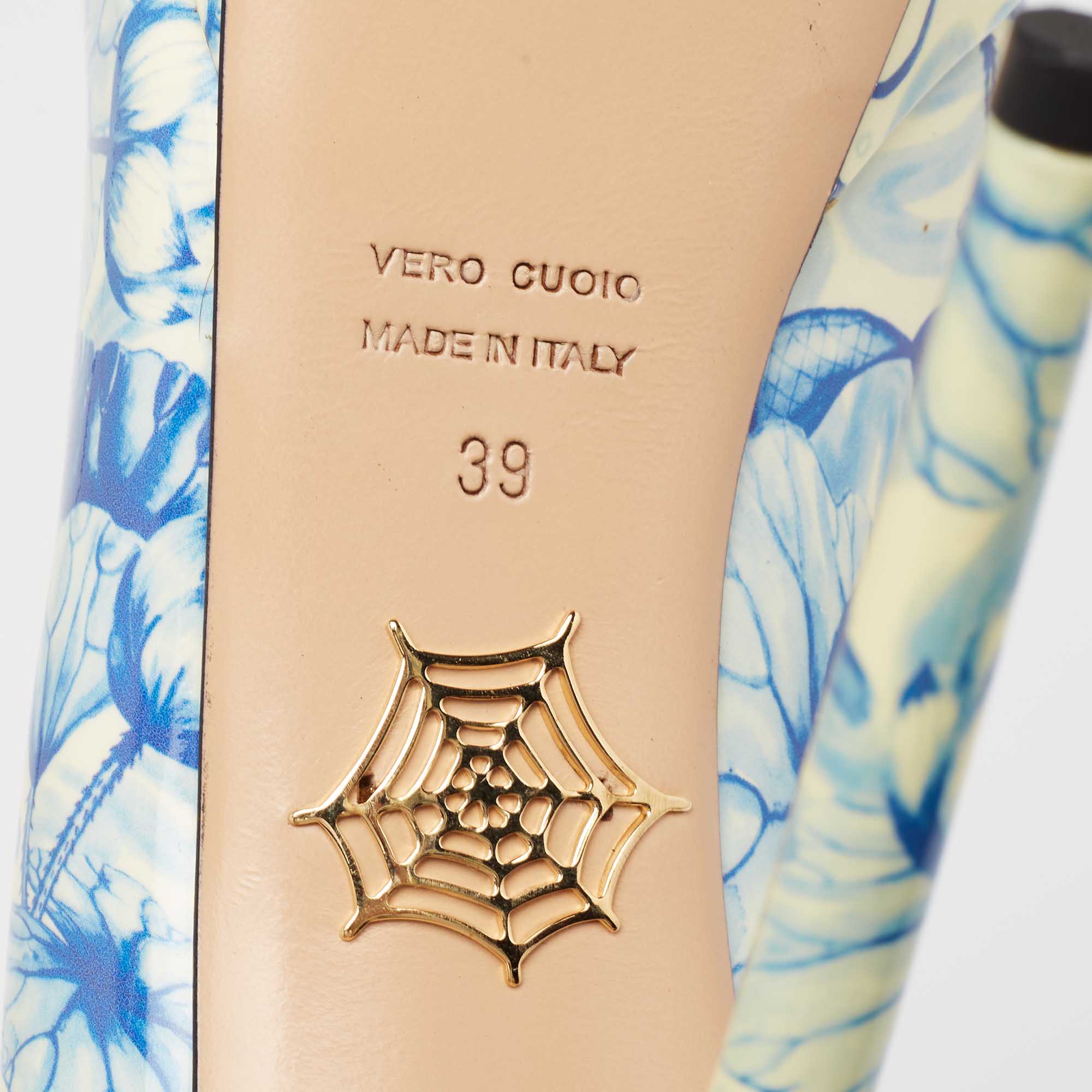 Charlotte Olympia Blue/White Ming Koi Carp Print Patent Leather Ankle Strap Pumps 39