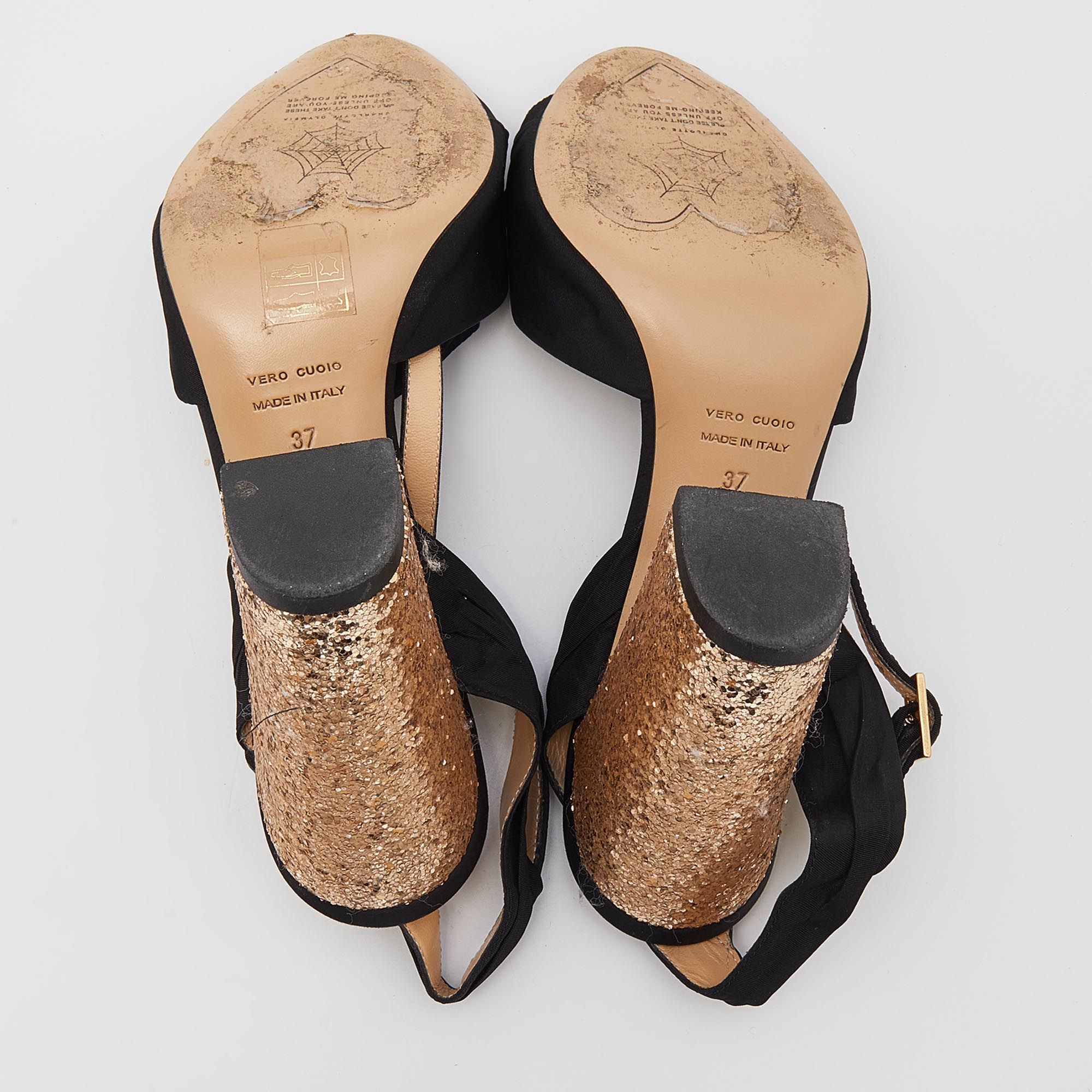Charlotte Olympia Black Fabric Glitter Block Heel T Strap Sandals Size 37