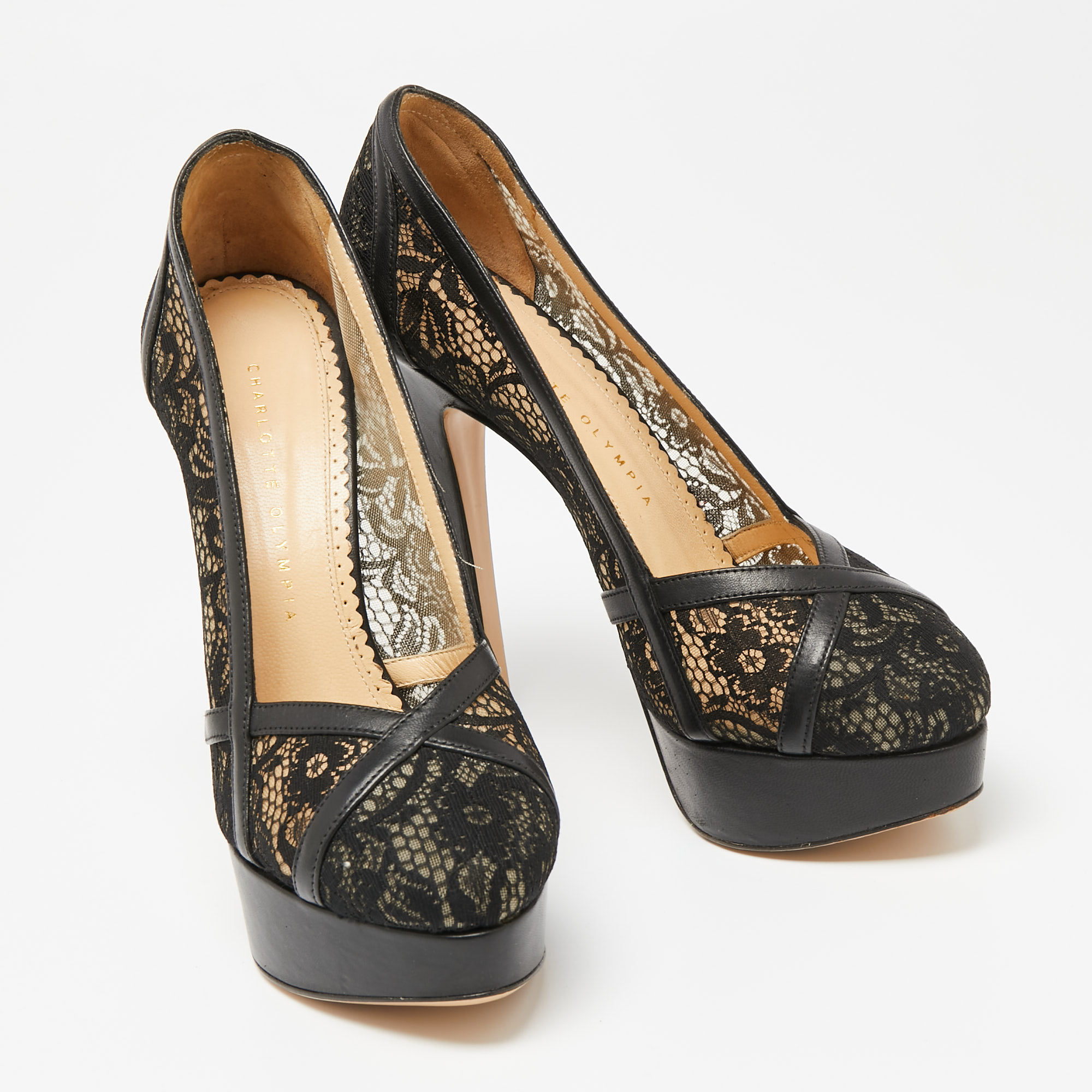 Charlotte Olympia Black Leather And Lace Platform Pumps Size 38.5