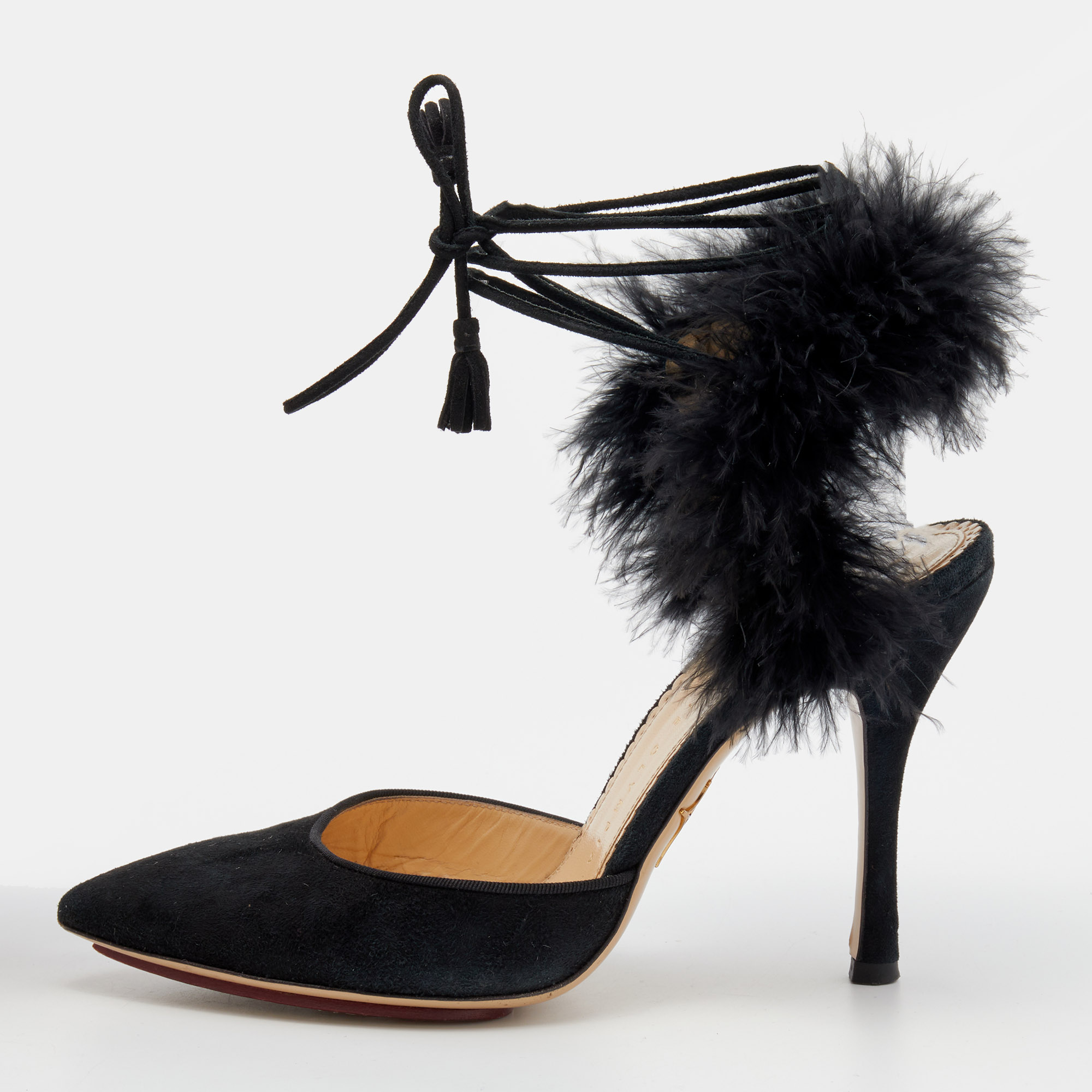 

Charlotte Olympia Black Ostrich Feather and Suede Sandals Size