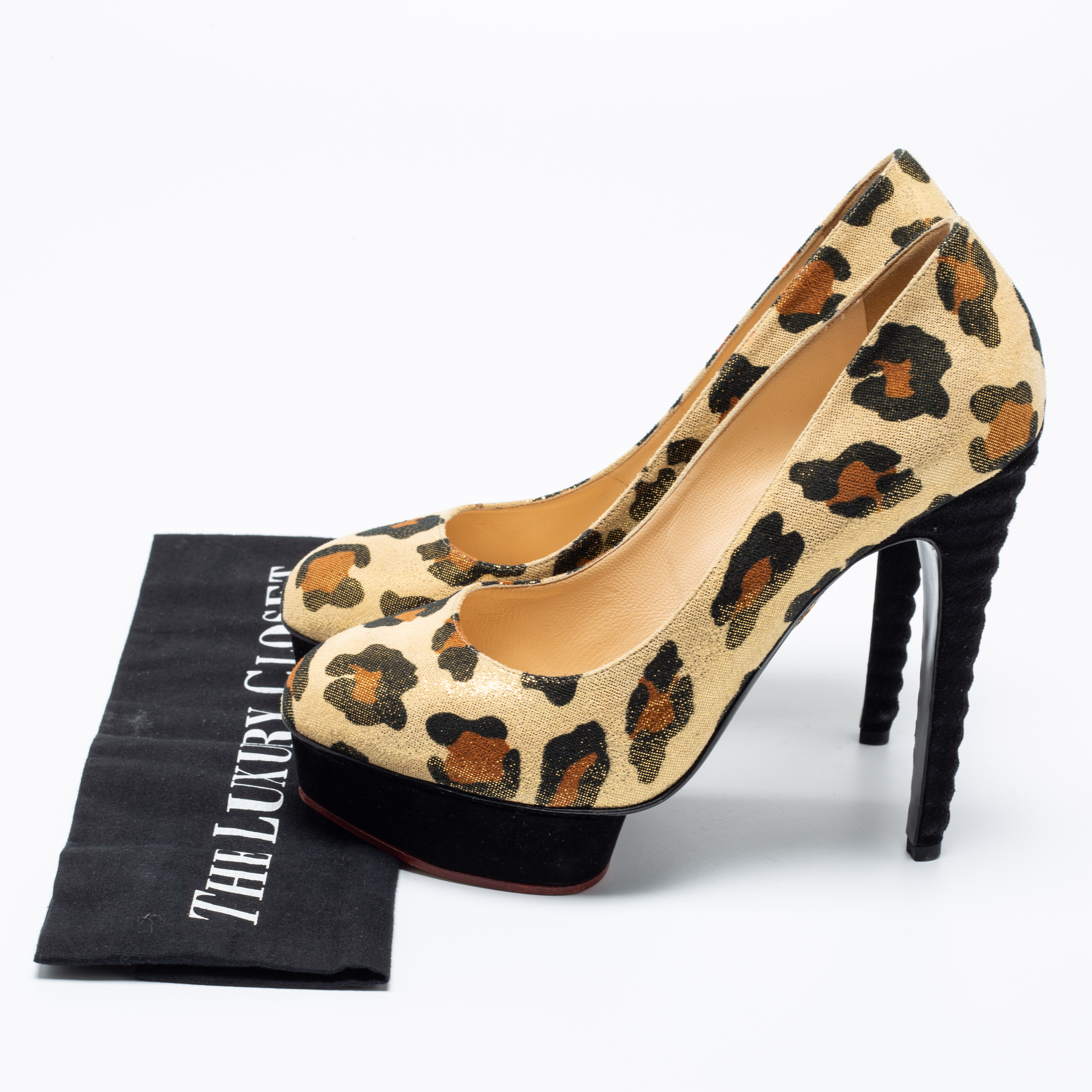 Charlotte Olympia Gold Leopard Print Glitter Suede Dolly  Pumps Size 39
