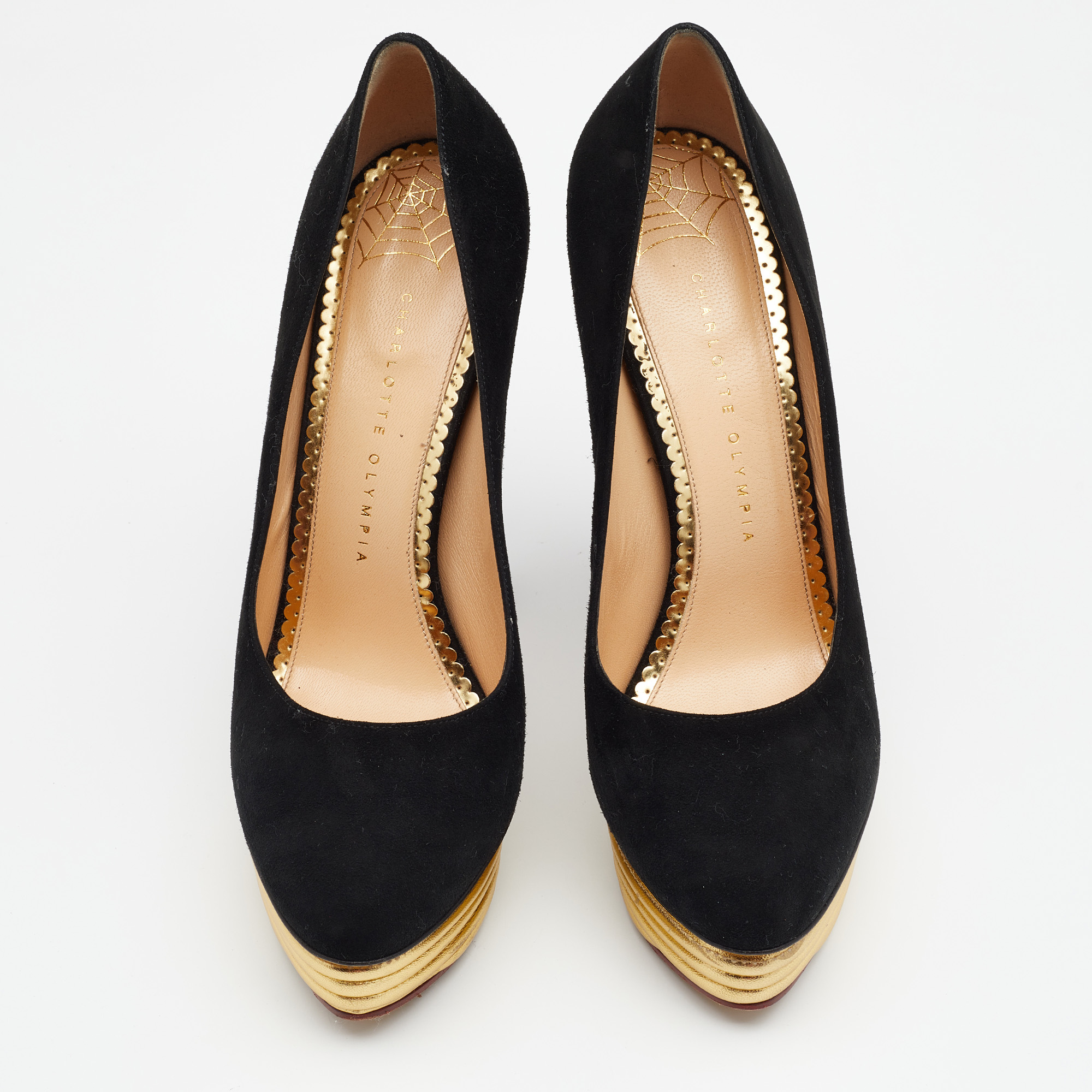 Charlotte Olympia Black Suede Dolly Platform Pumps Size 41