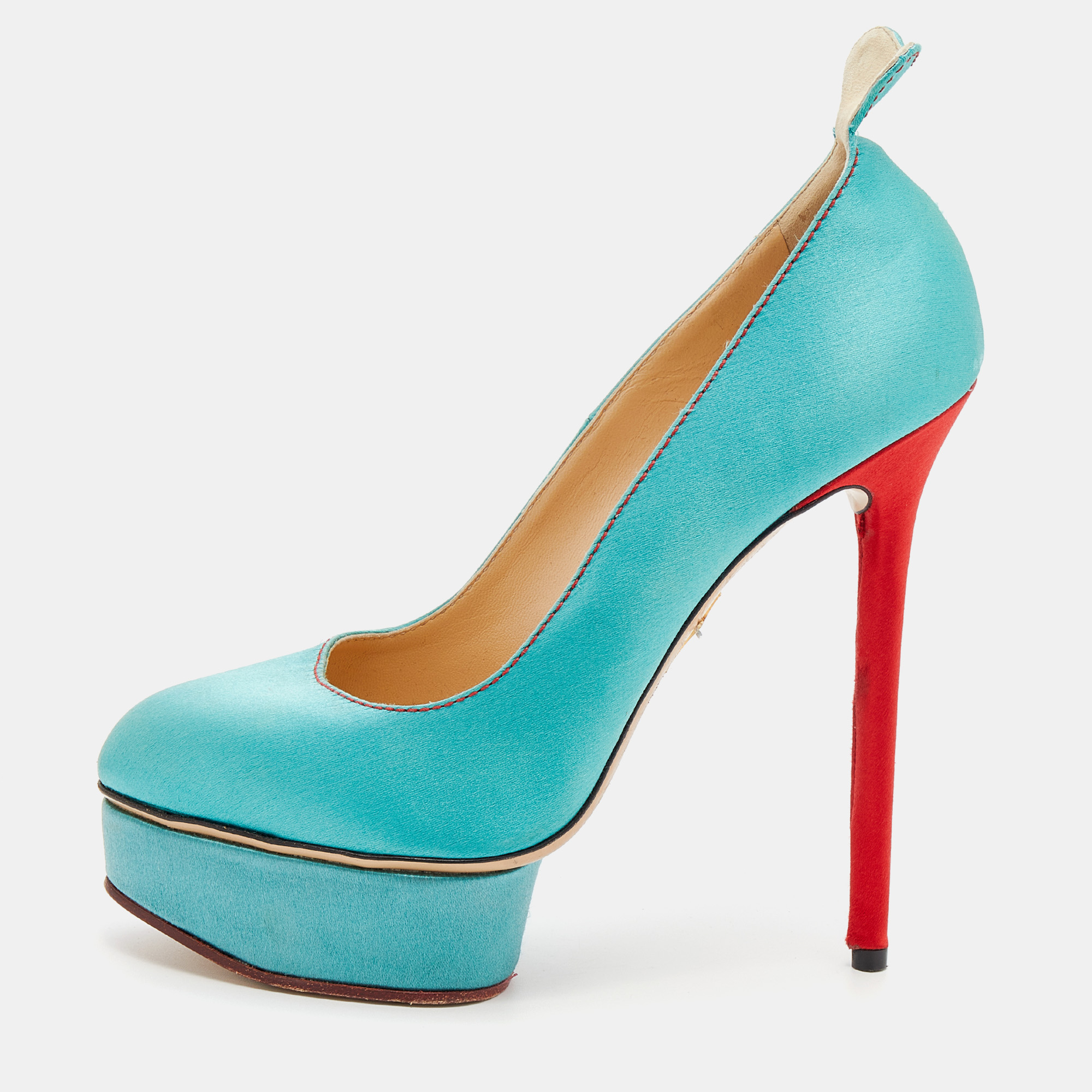 Charlotte olympia turquoise/red satin josephine platform pumps size 38