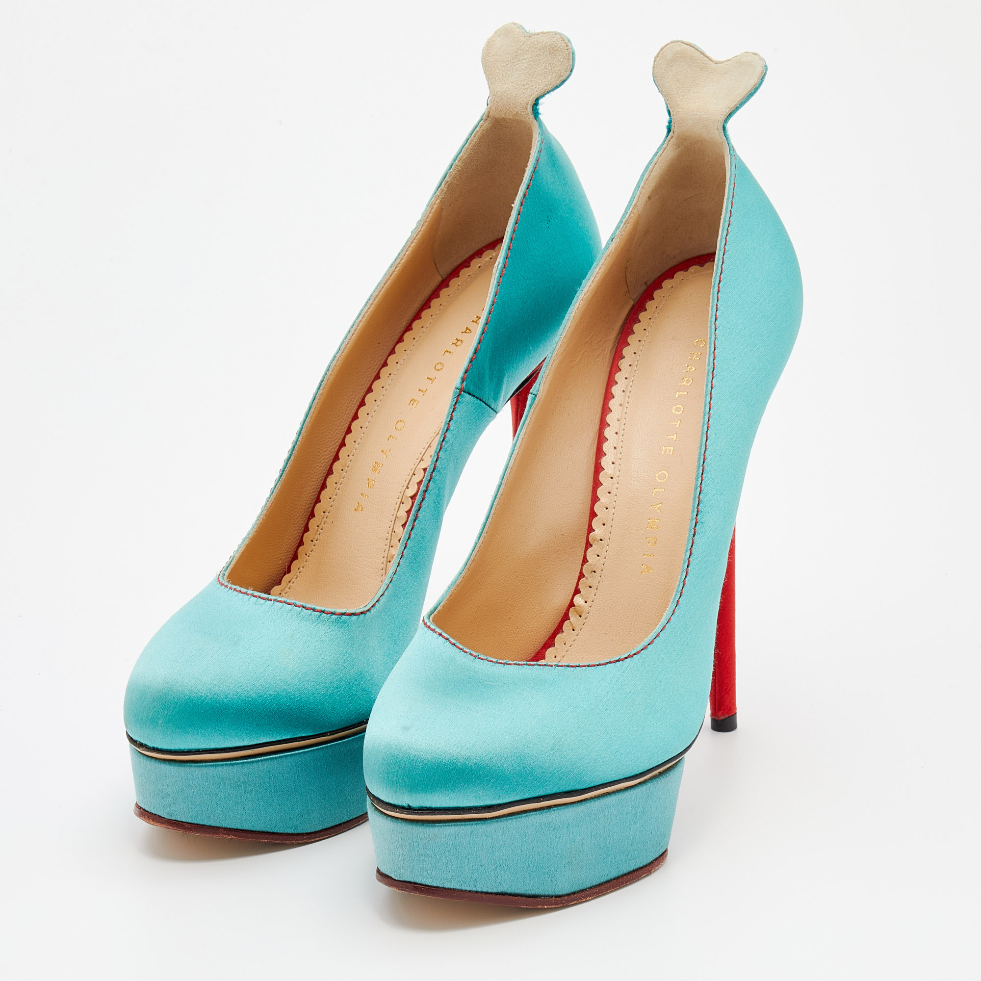 Charlotte Olympia Turquoise/Red Satin Josephine Platform Pumps Size 38