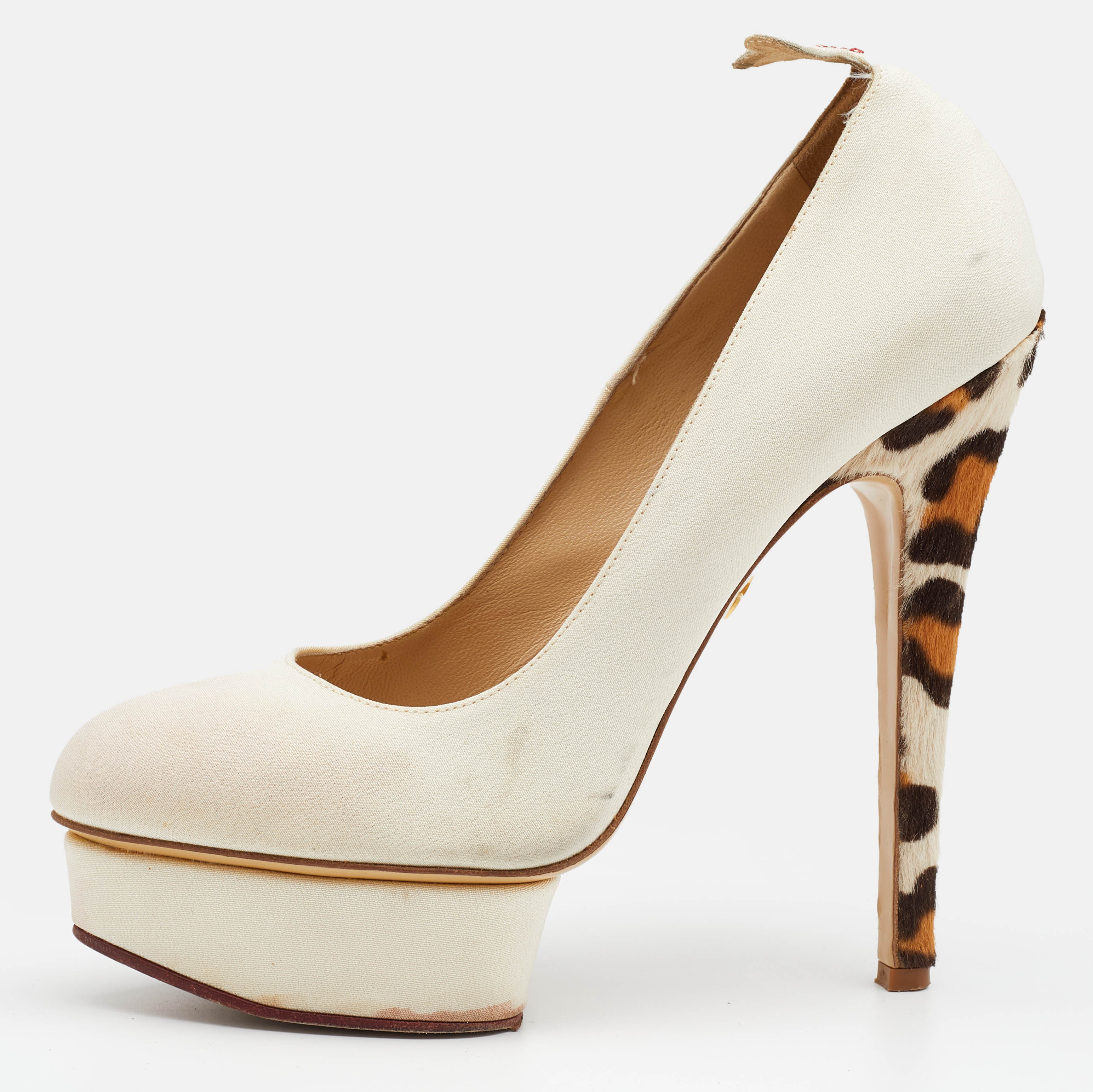 Charlotte Olympia Cream Fabric And Calf Hair Dolly Platform Pumps Size 40
