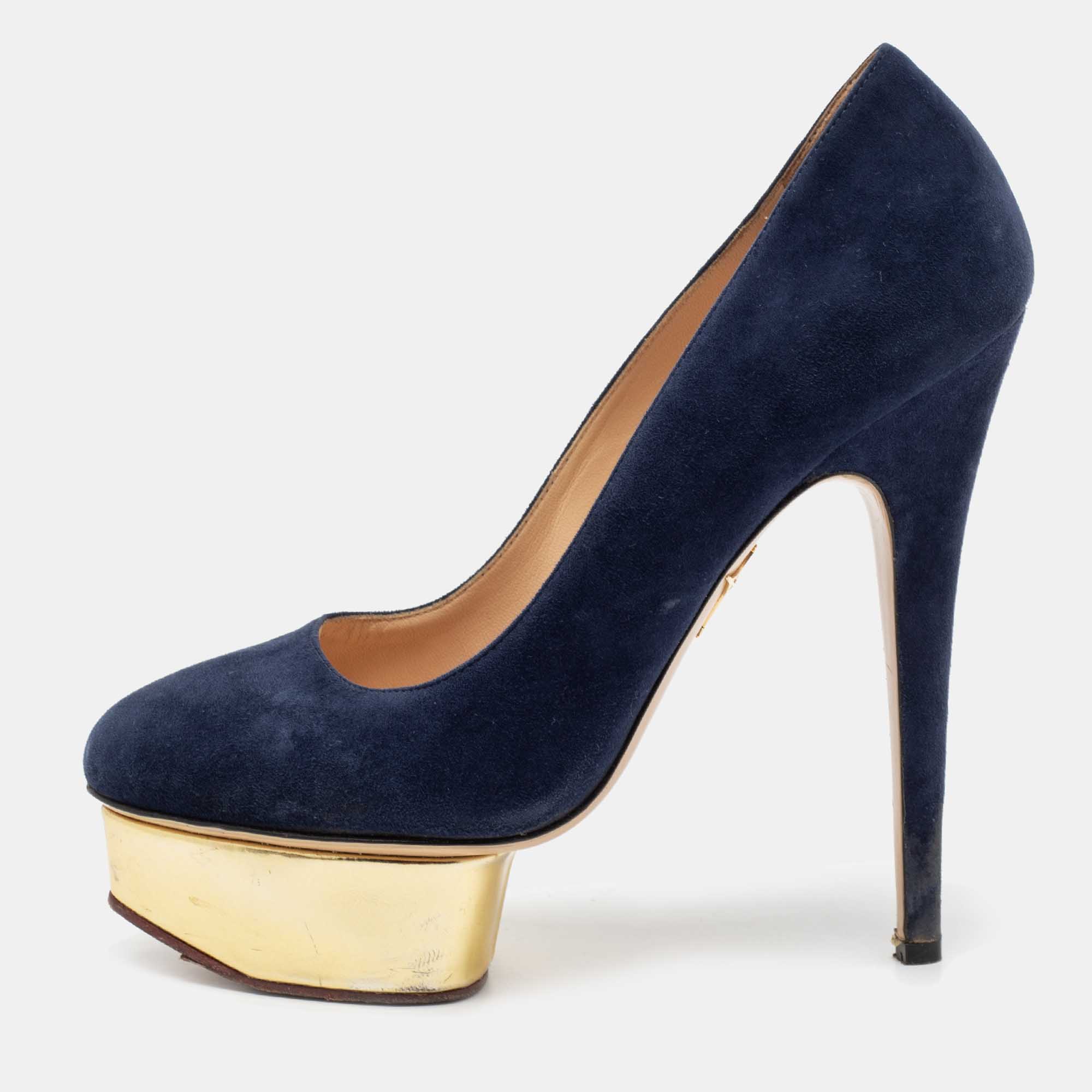 Charlotte olympia navy blue suede dolly platform pumps size 38