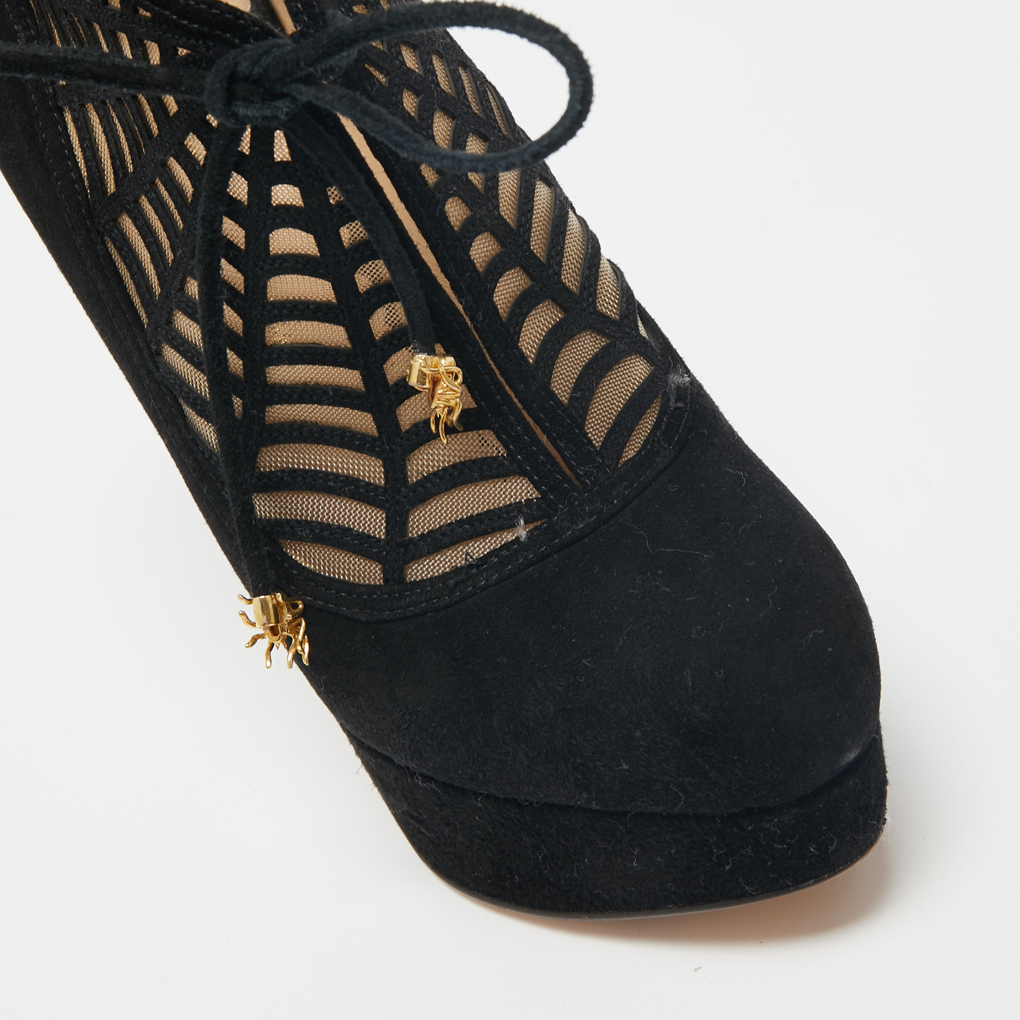 Charlotte Olympia Black Suede And Mesh Minerva Web Ankle Booties Size 37