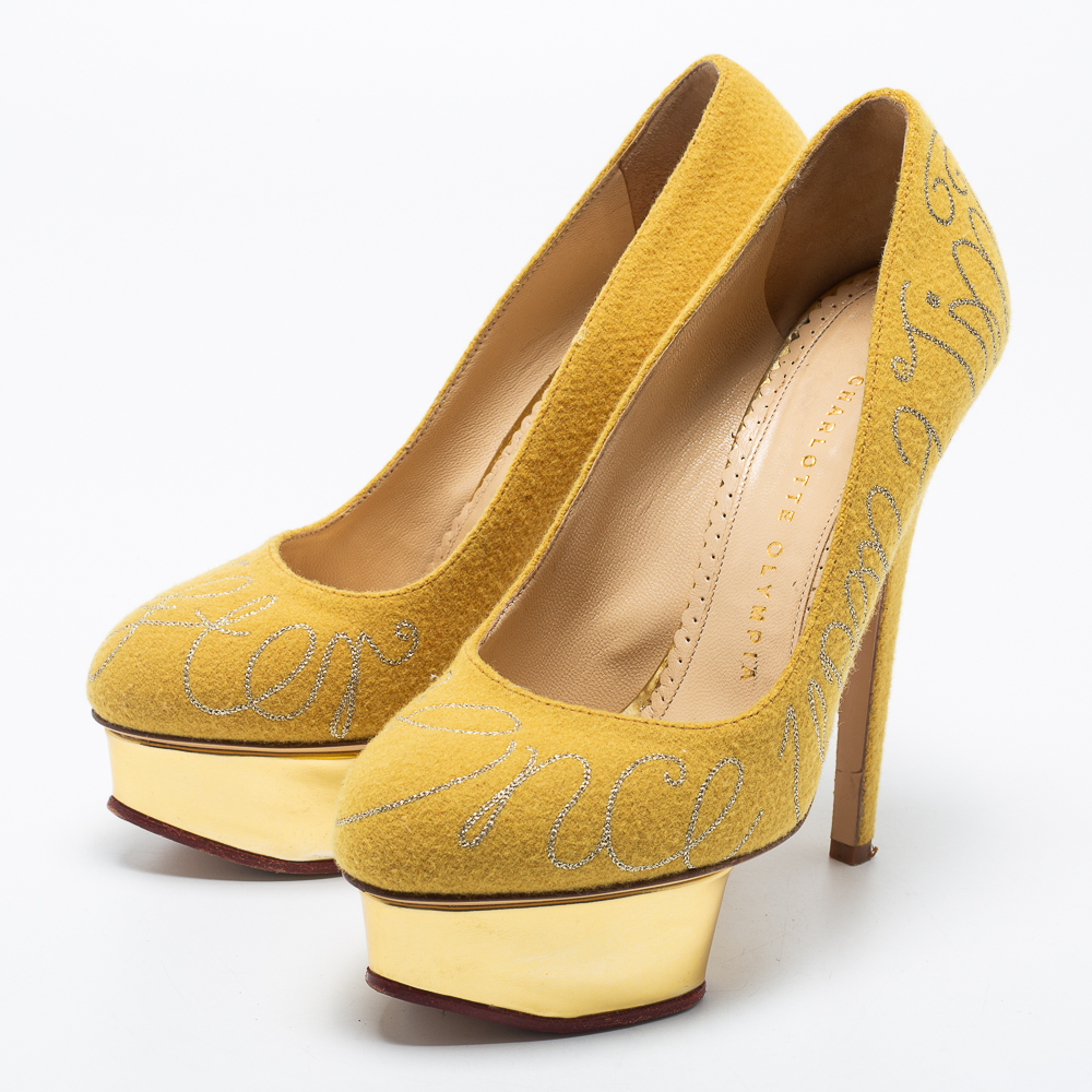 Charlotte Olympia Mustard Yellow Cotton Embroidered Felt Dolly Platform Pumps Size 36