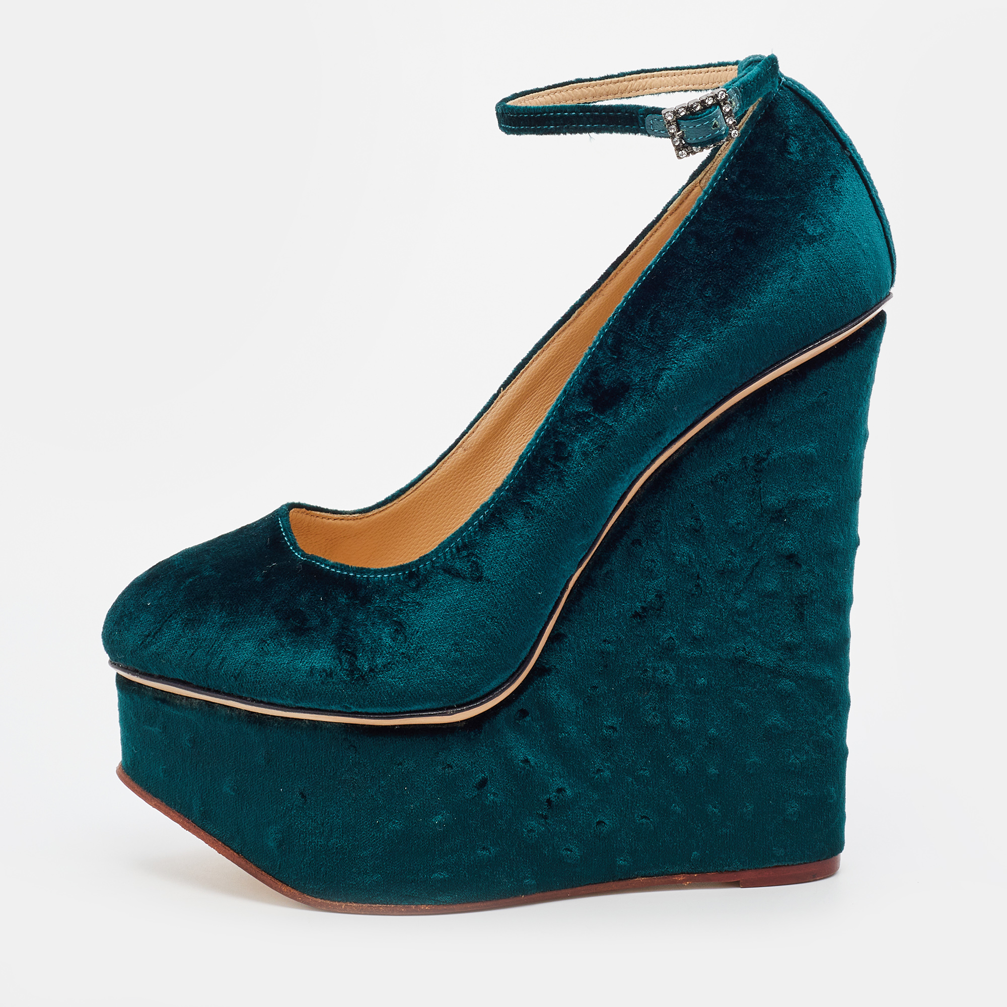 Charlotte Olympia Teal Green Ostrich Effect Velvet Wedge Platform Ankle Strap Pumps Size 37.5