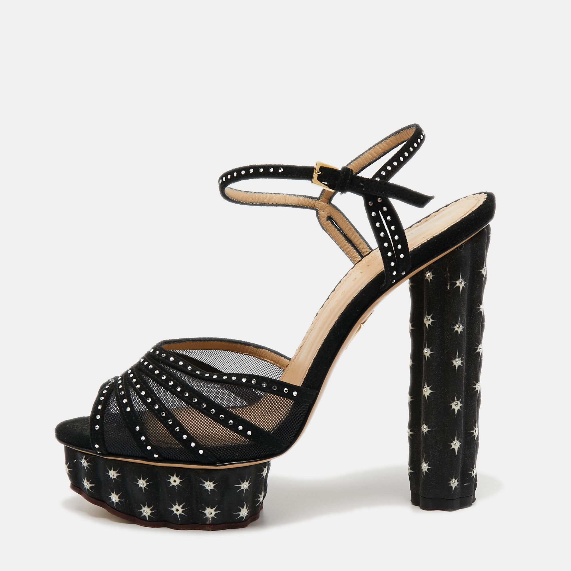 Charlotte olympia black suede and mesh cactus crystal studded ankle strap platform sandals size 40