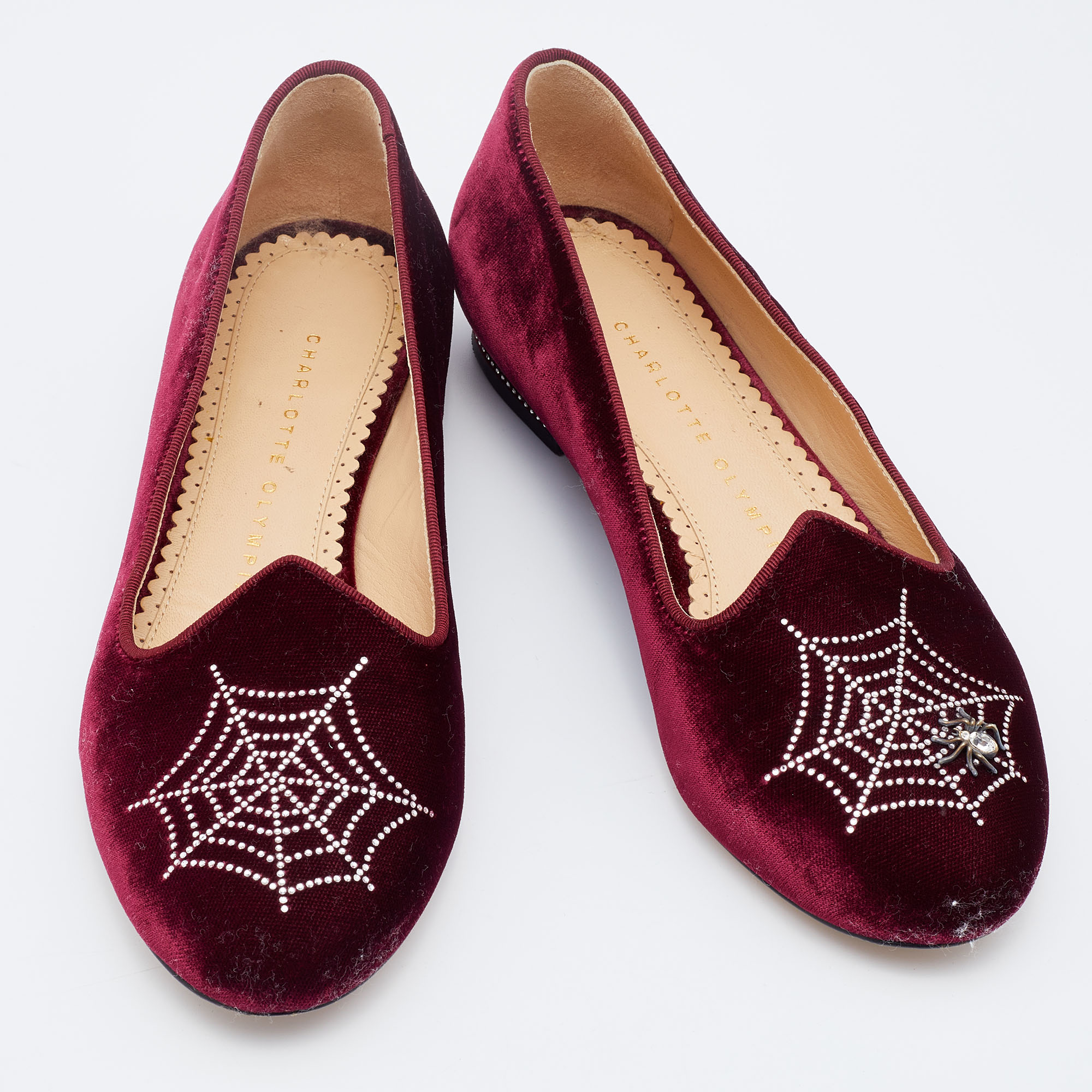 Charlotte Olympia Burgundy Velvet Spider Ballet Flats Size 36