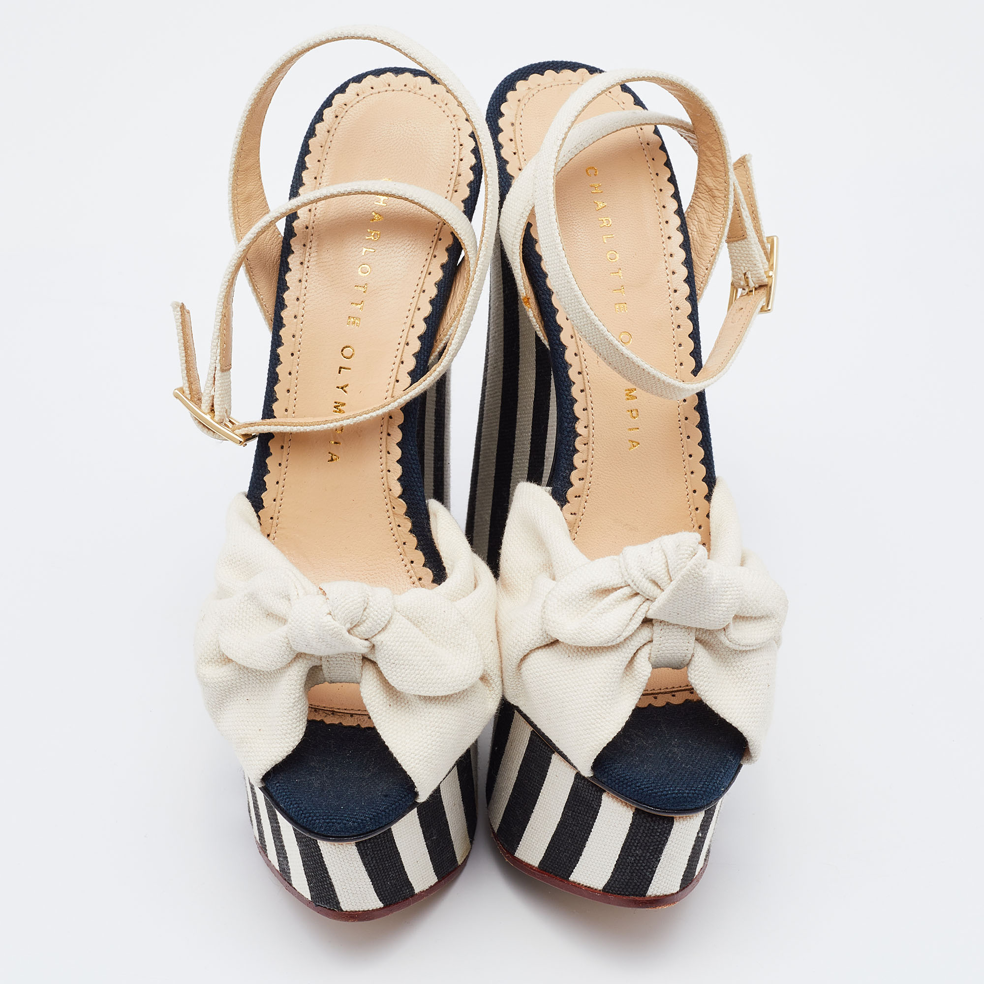 Charlotte Olympia White Canvas Bow Wedge Platform Ankle Strap Sandals Size 36