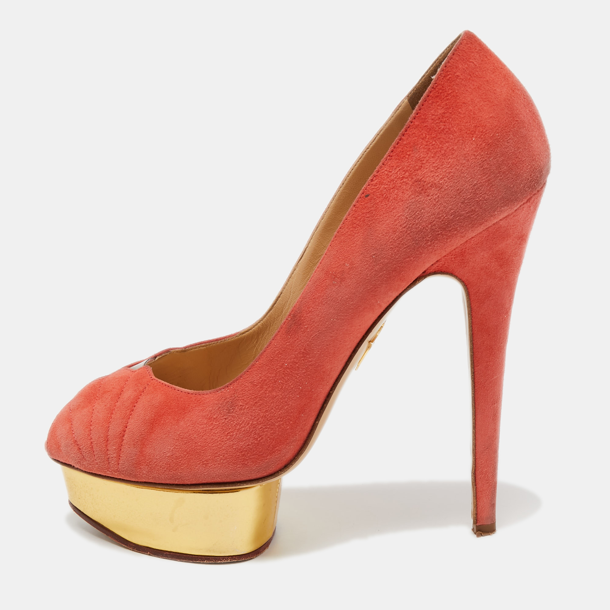 Charlotte olympia coral pink suede peep toe platform pumps size 41