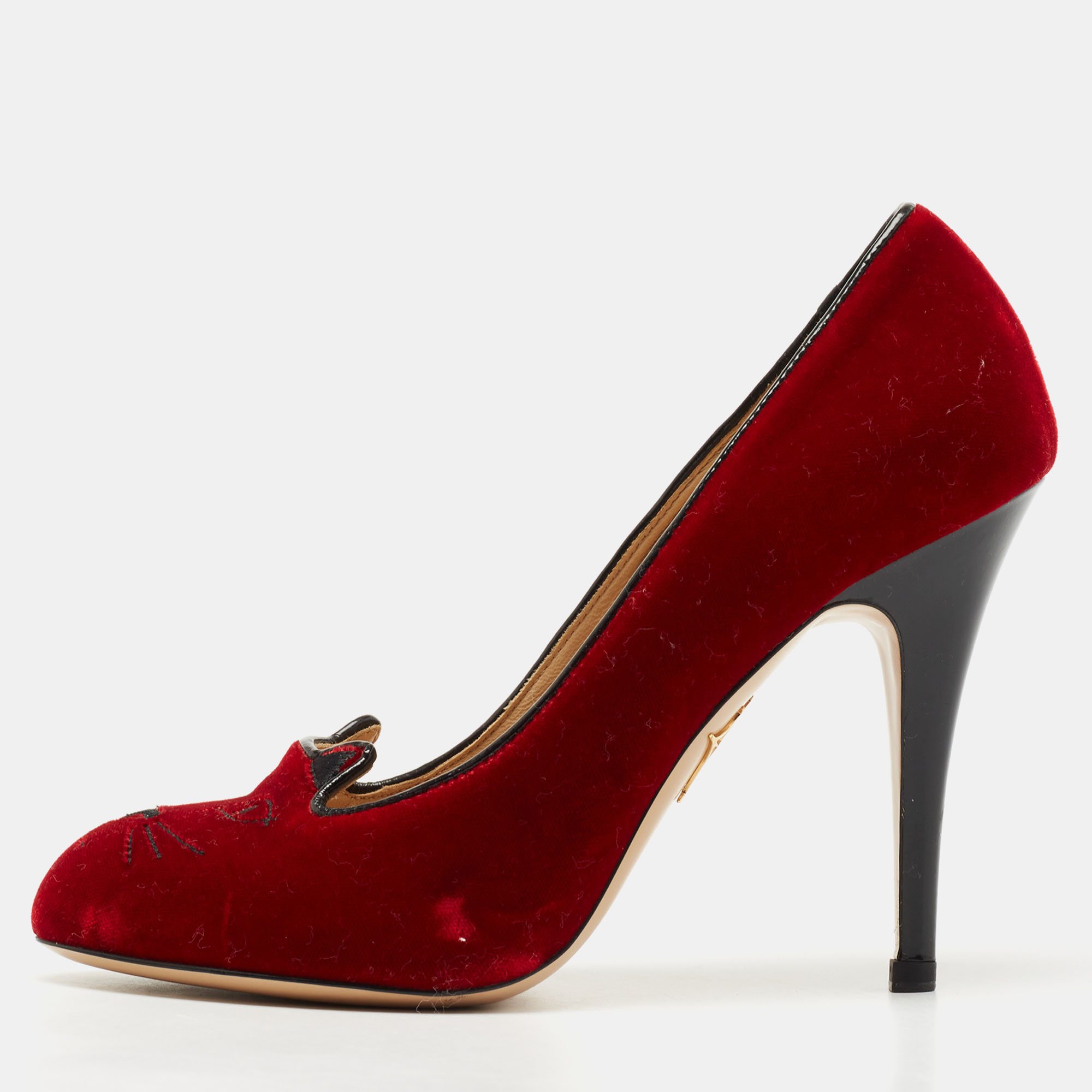 Charlotte olympia red velvet embroidered kitty pumps size 37.5