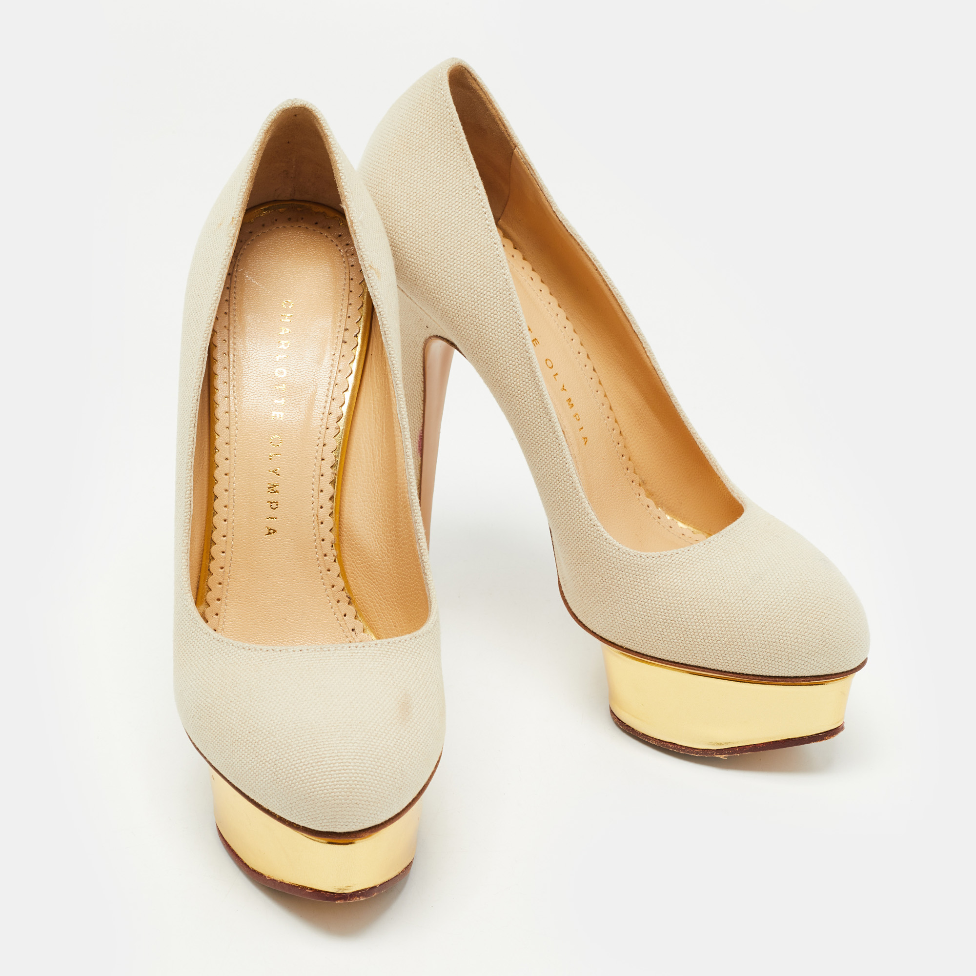 Charlotte Olympia Grey Canvas Dolly Platform Pumps Size 38