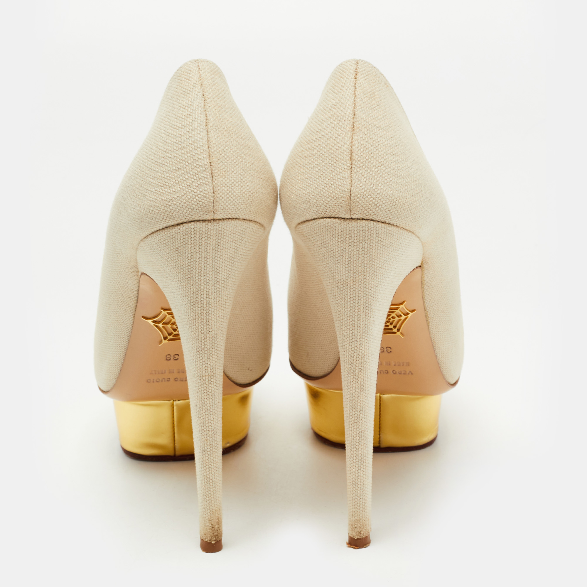 Charlotte Olympia Grey Canvas Dolly Platform Pumps Size 38