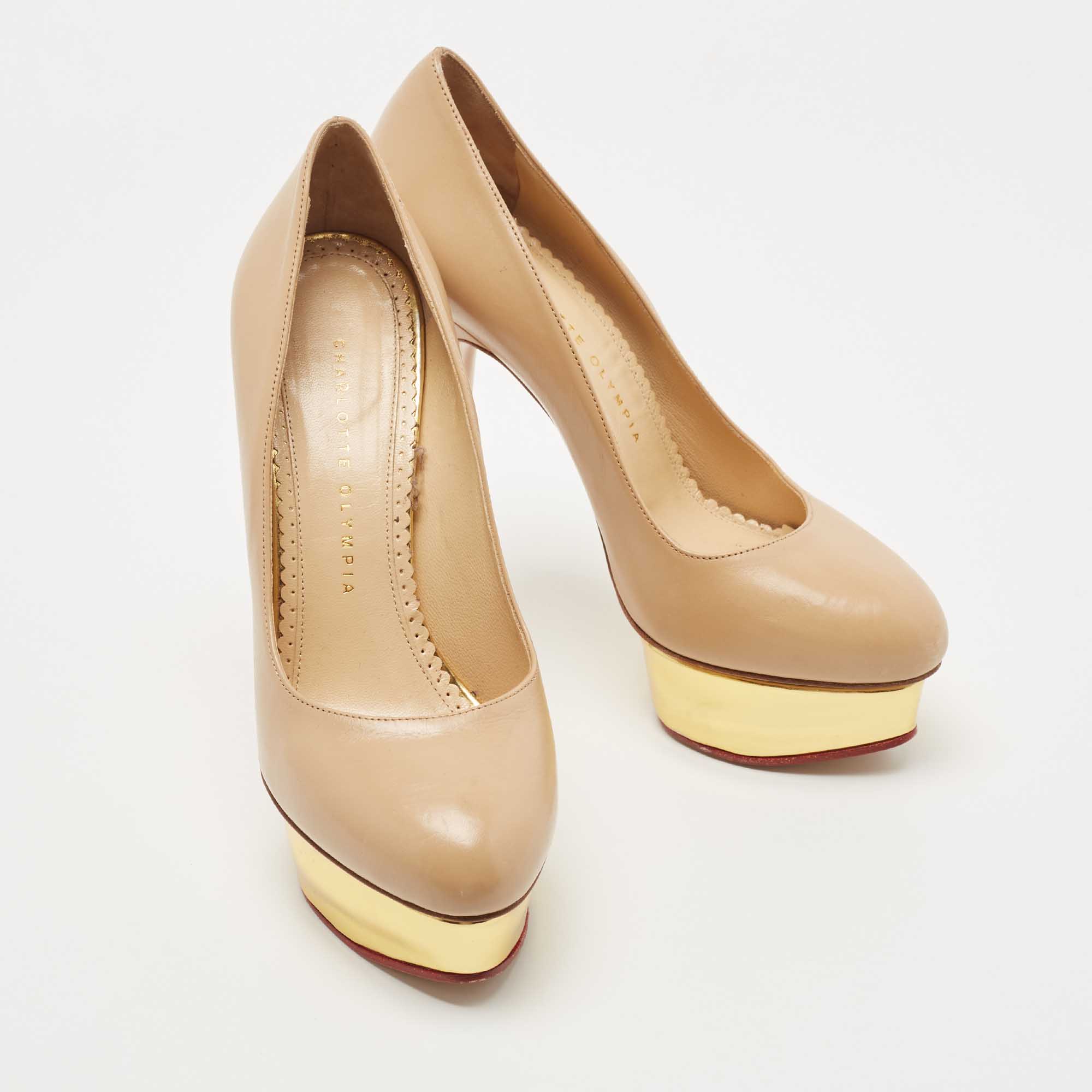 Charlotte Olympia Beige Leather Dolly Platform Pumps Size 38.5