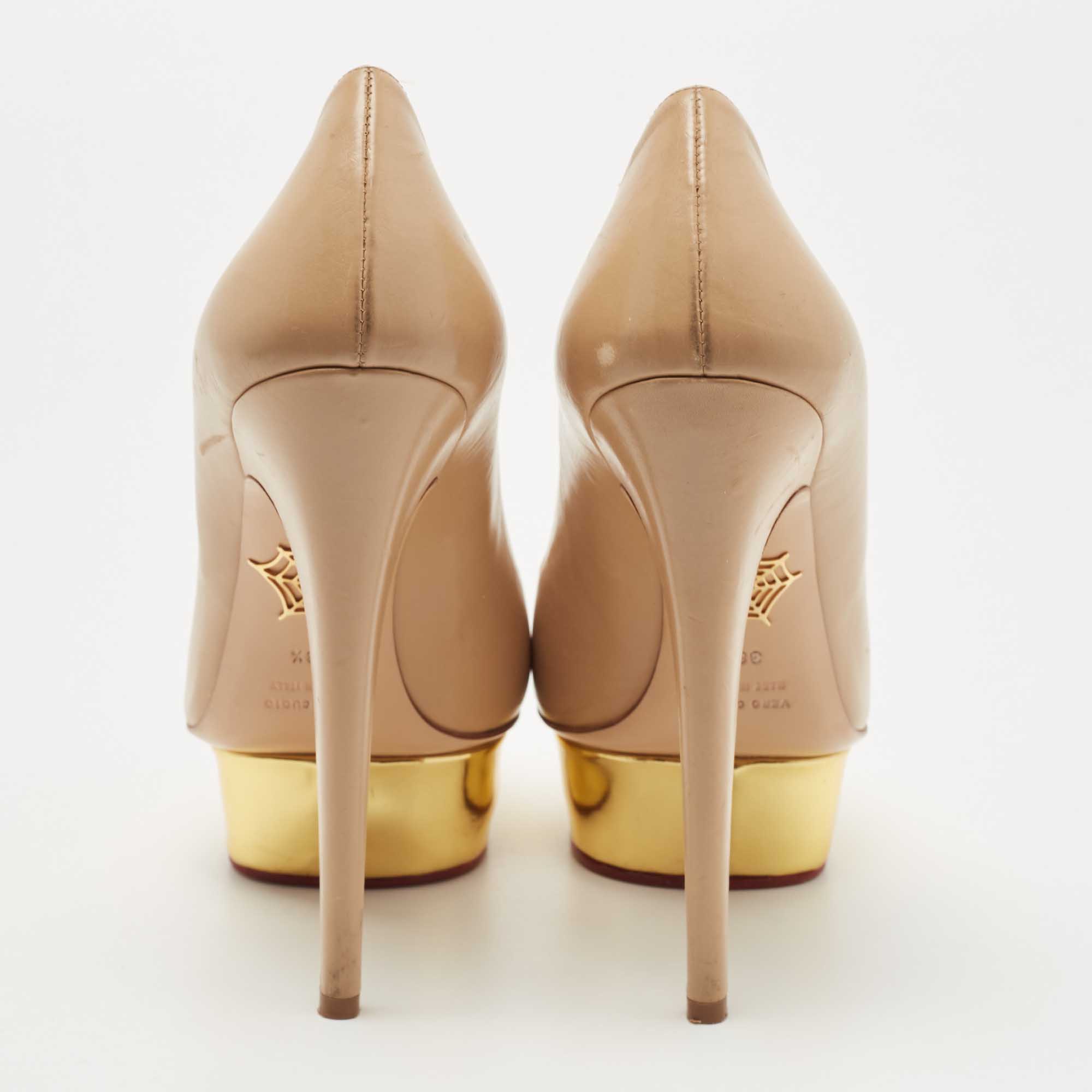 Charlotte Olympia Beige Leather Dolly Platform Pumps Size 38.5