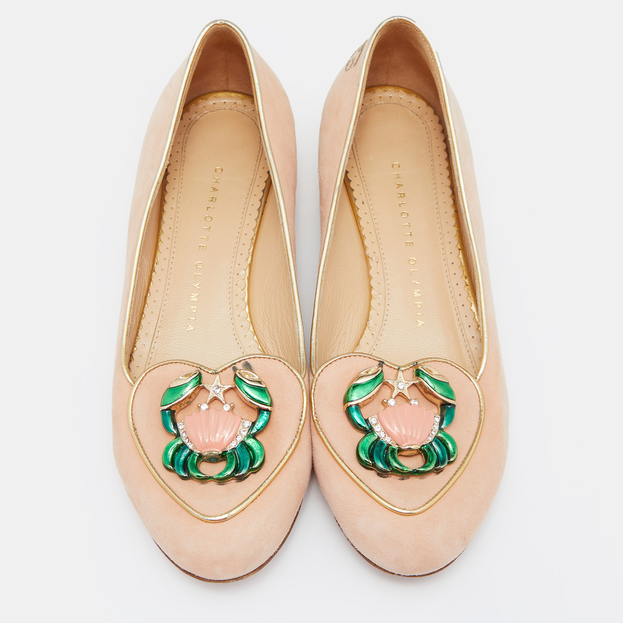 Charlotte Olympia Peach/Gold Suede Cancer Smoking Slippers Size 36