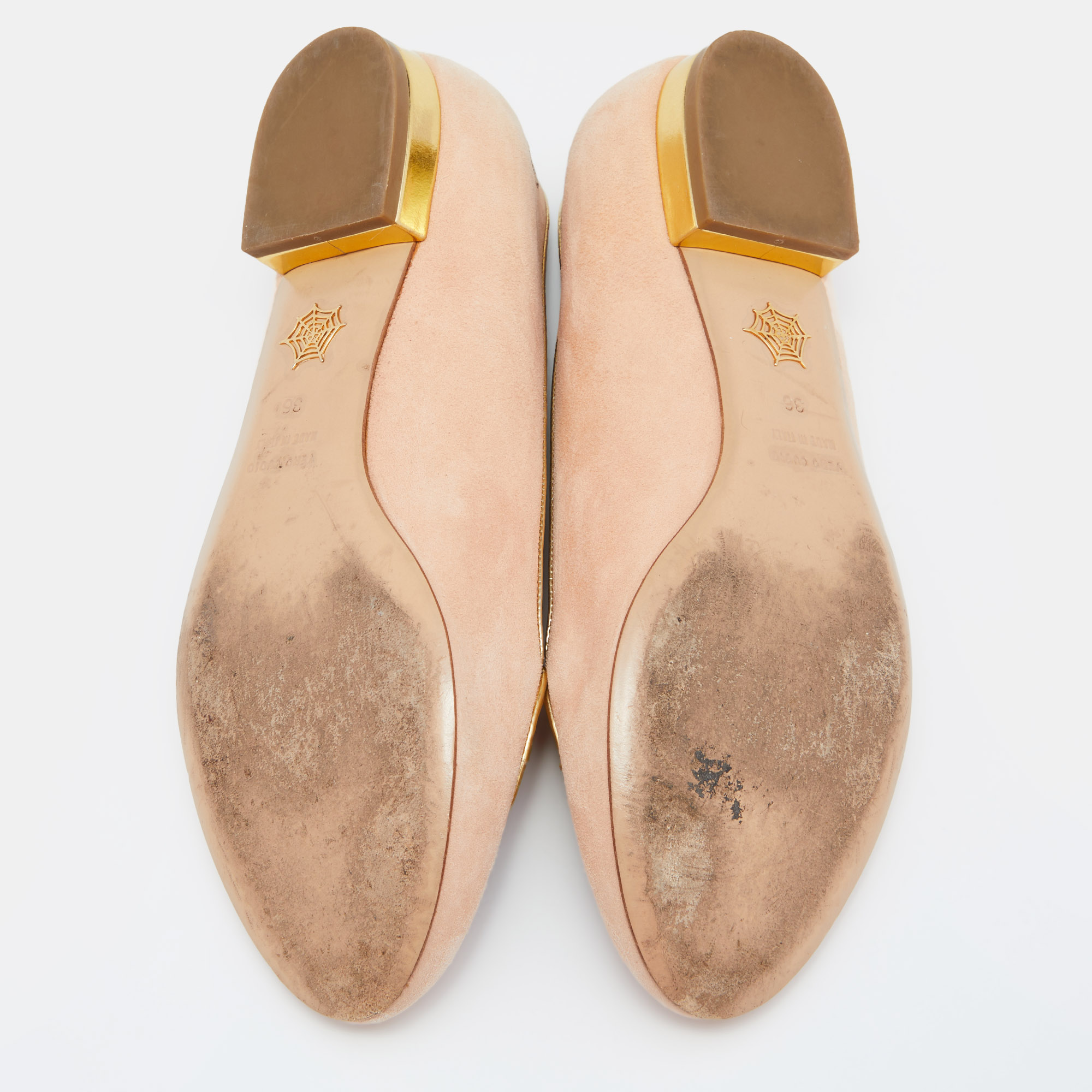 Charlotte Olympia Peach/Gold Suede Cancer Smoking Slippers Size 36