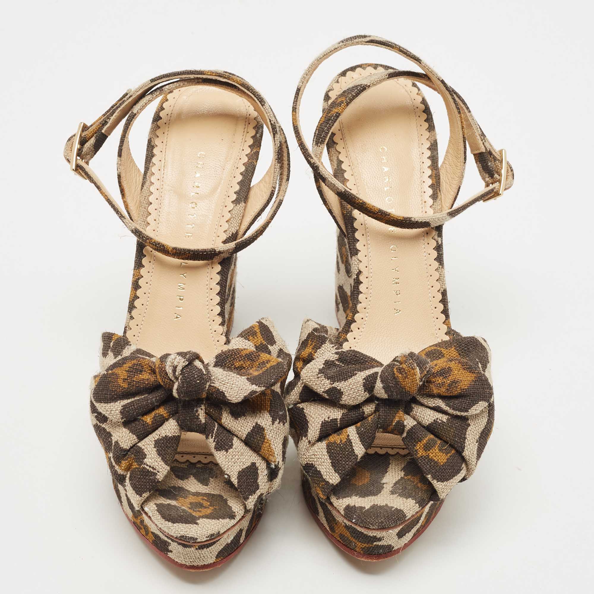 Charlotte Olympia Beige/Brown Leopard Canvas Bow Platform Ankle Strap Wedge Sandals Size 38.5