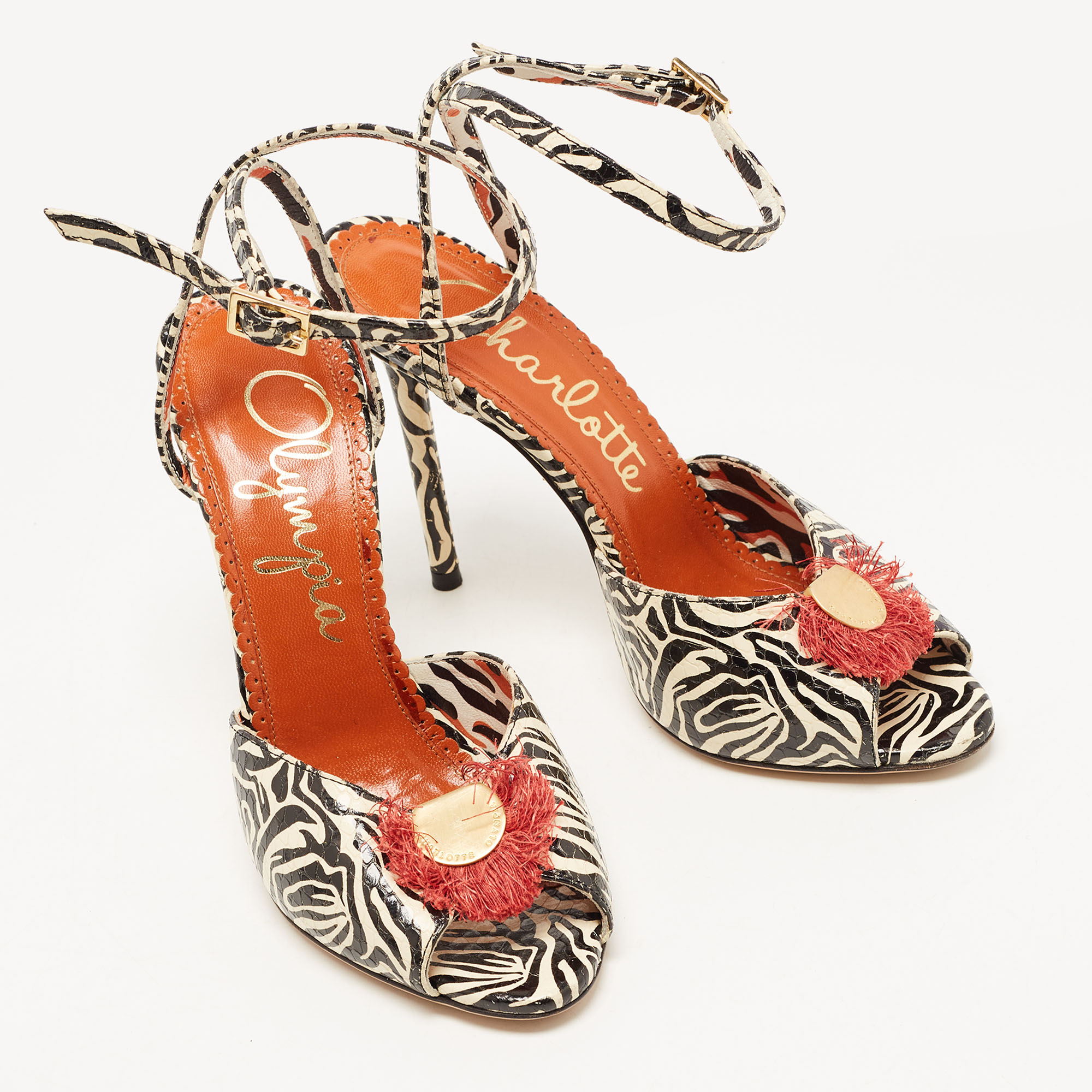 Charlotte Olympia Black/Cream Zebra Print Leather Ankle Strap Sandals Size 36