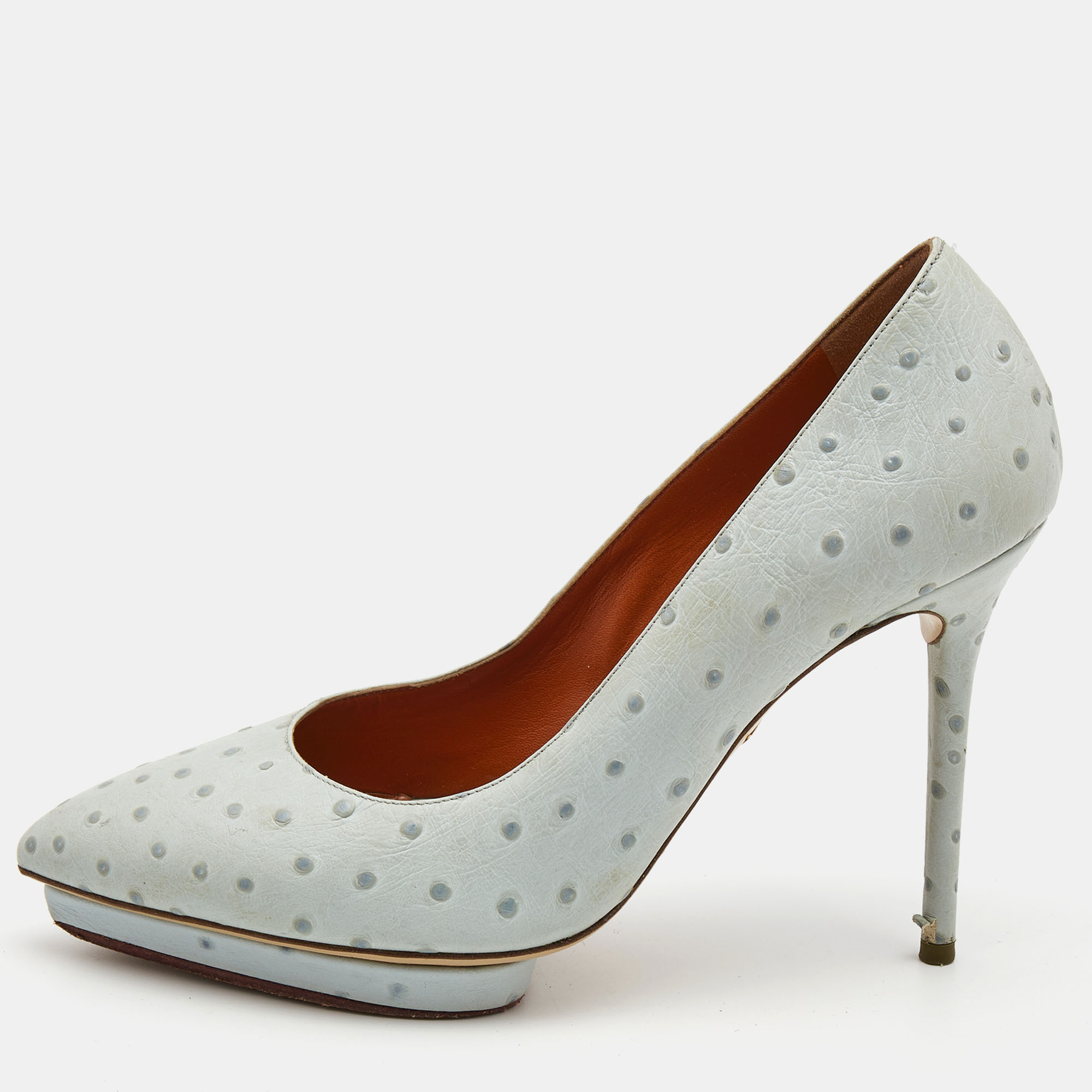 Charlotte Olympia Light Blue Embossed Ostrich Leather Debbie Pumps Size 39