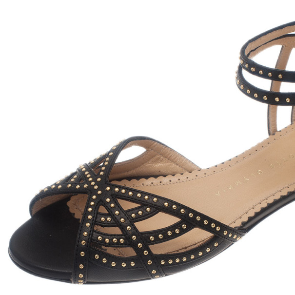 Charlotte Olympia Black Studded Leather Octavia Strappy Sandals Size 35.5