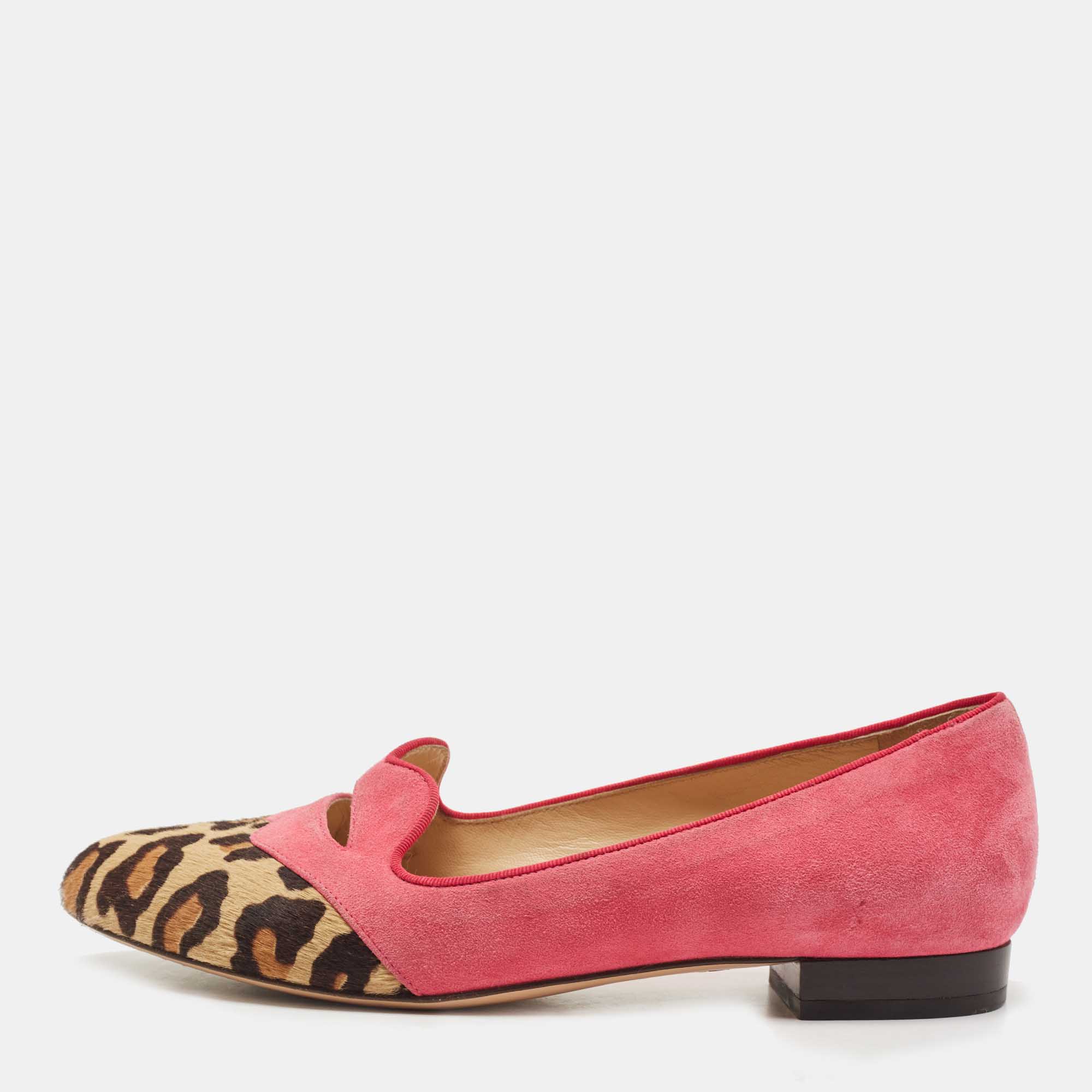 Charlotte Olympia Pink/Brown Suede And Calf Hair Smoking Loafers Size 36