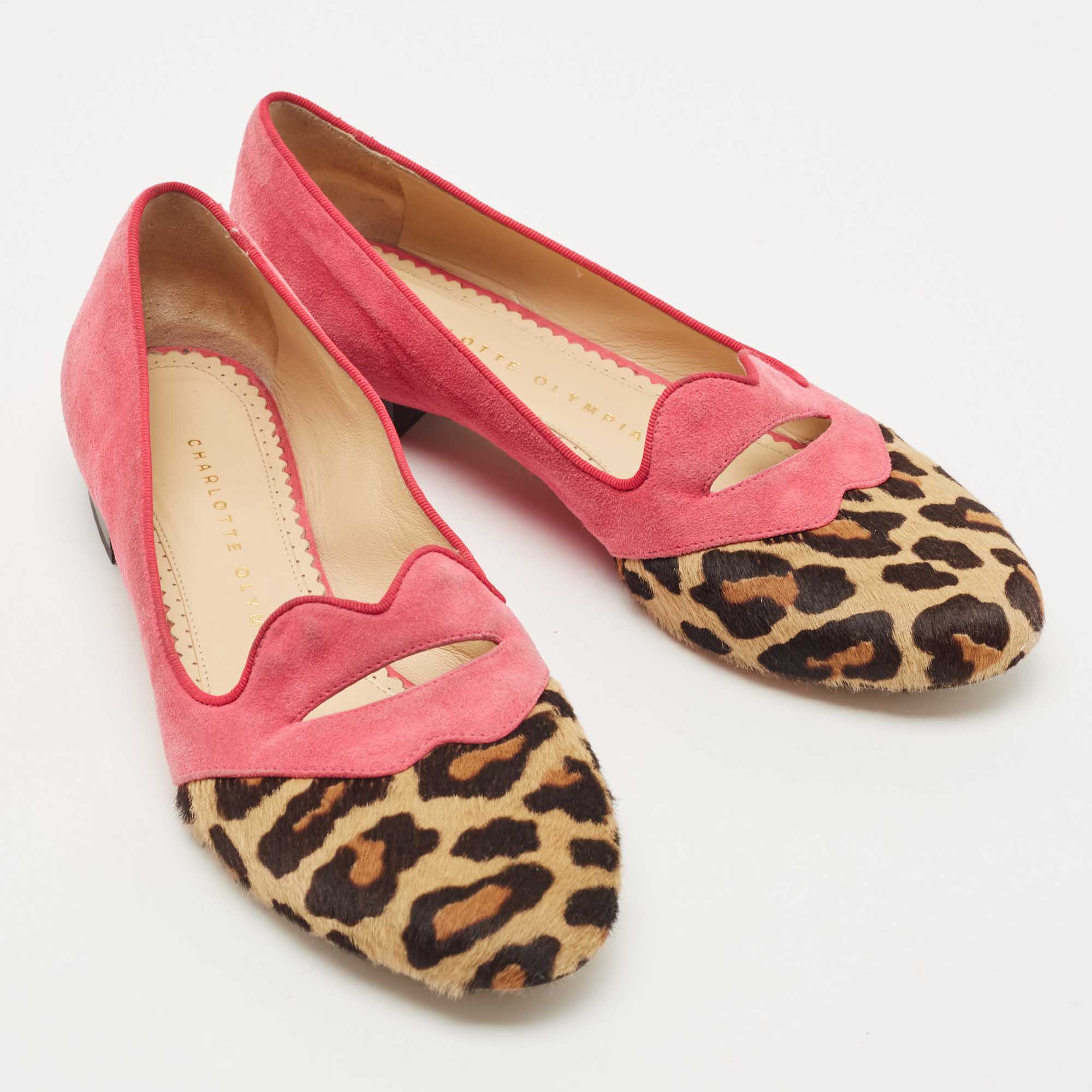 Charlotte Olympia Pink/Brown Suede And Calf Hair Smoking Loafers Size 36