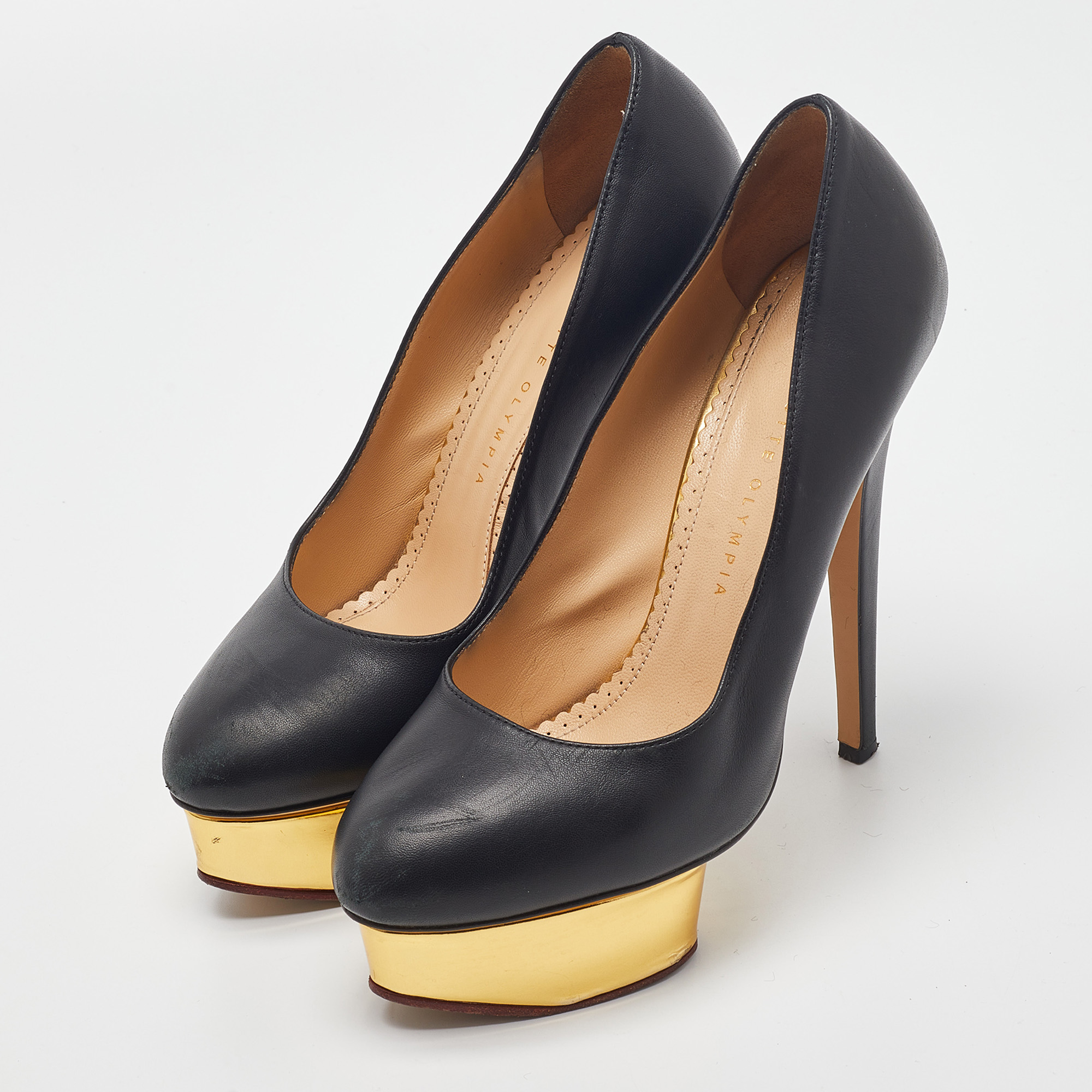 Charlotte Olympia Black Leather Dolly Platform Pumps Size 38